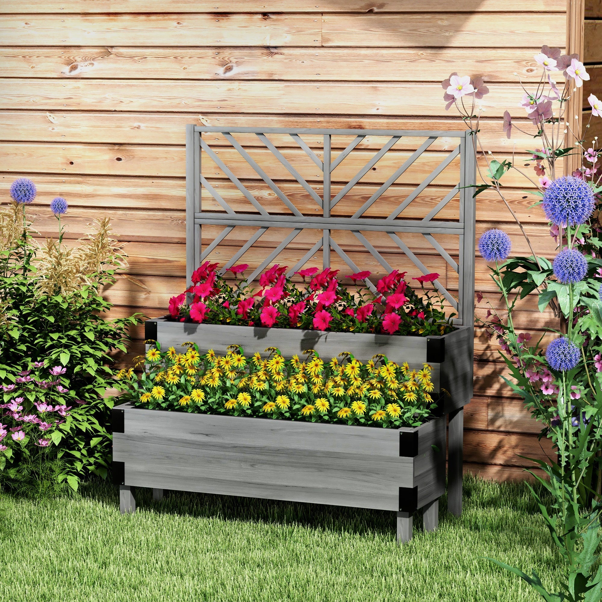 Outsunny Raised Garden Bed with Trellis, 2-Tier Wooden Elevated Planter Box for Vegetables, Flowers, Herbs, Grey