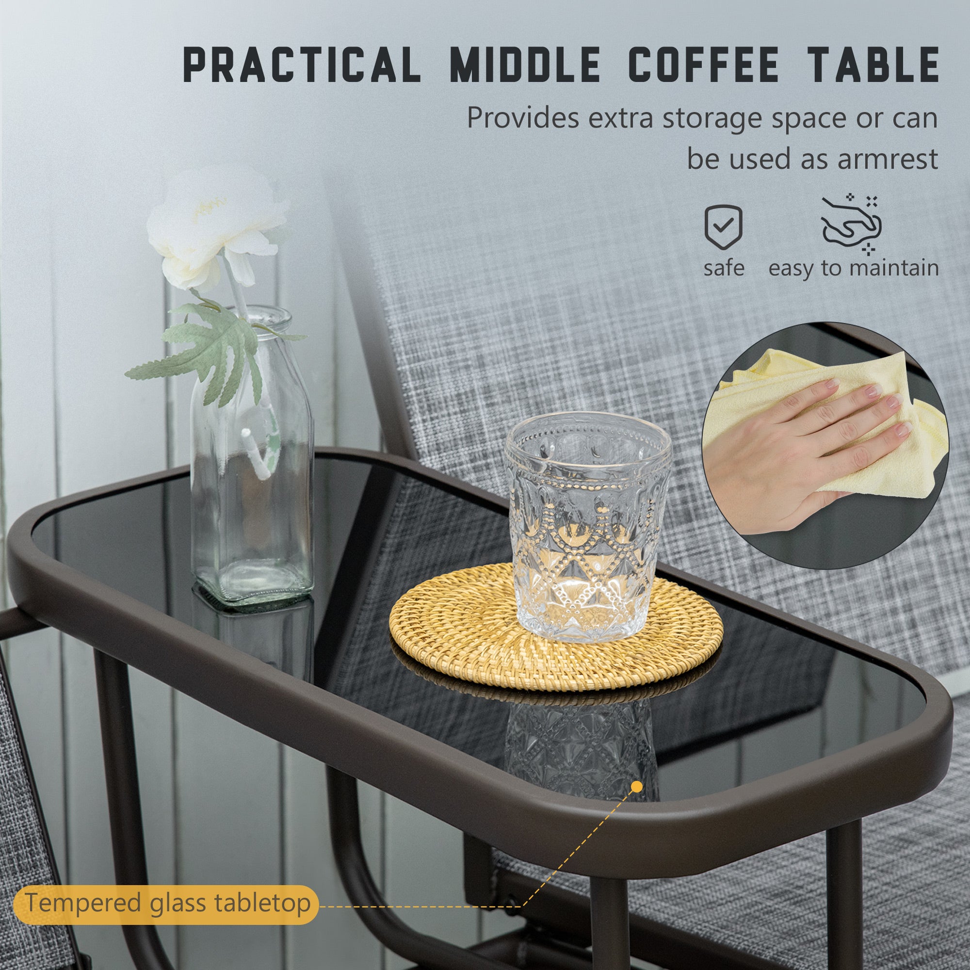 Outsunny 2 Seats Garden Glider Bench, Metal Frame Loveseat with Glass Top Centre Table, Porch Rocking Glider for 2 Person, for Deck, Patio, Brown/ Grey