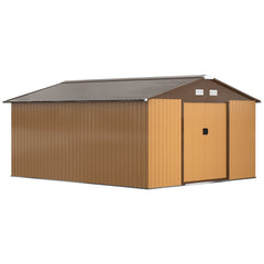 Outsunny 13 x 11ft Metal Garden Shed, Waterproof Outdoor Bike Storage Shed Galvanised with Vents, Foundation Kit, Apex Roof and Lockable Double Doors for Patio Lawn, Light Brown