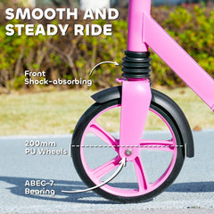AIYAPLAY Foldable Kids Scooter with Adjustable Handlebar, 200mm Big Wheel, Rear Fender Brake, for Ages 6-12 Years, Pink