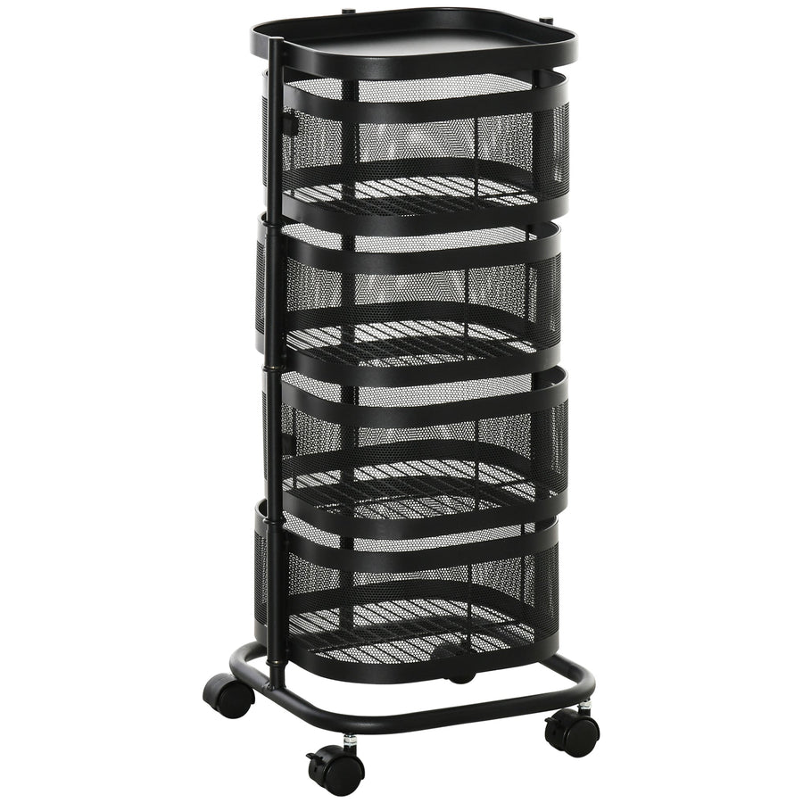 HOMCOM Metal Storage Cart, 4-Tier Storage Trolley on Wheels with 4 Mesh Baskets and Top Tray, Black