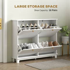 HOMCOM Narrow Shoe Storage Cabinet, Slim Shoe Cabinet with 4 Flip Drawers, Adjustable Shelves for 16 Pairs of Shoes, White