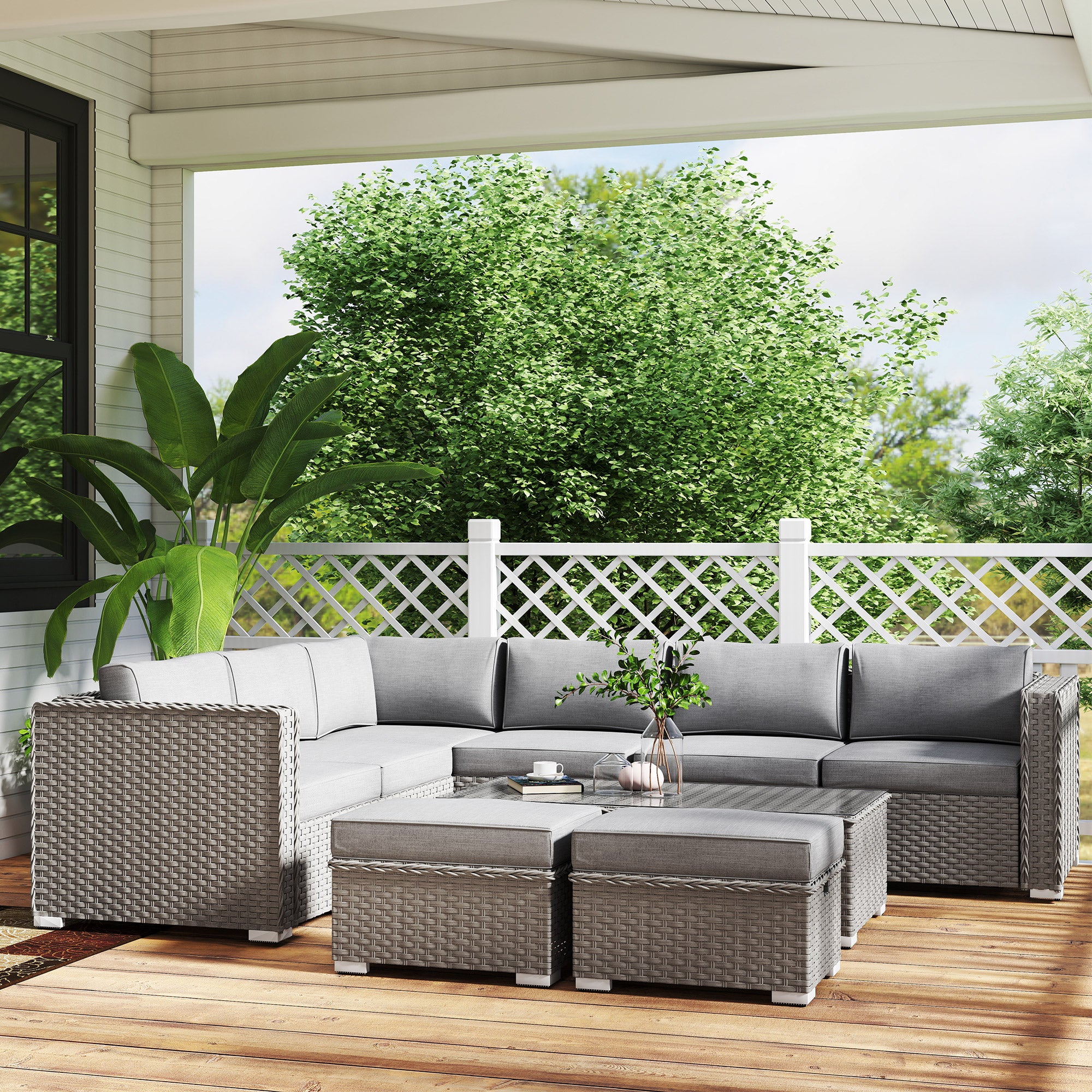 Outsunny 6 Pieces Outdoor PE Rattan Wicker Corner Sofa Set with 10cm Thick Padded Cushions, Aluminium Conservatory Furniture with Glass Top Coffee Table, Footstools, Grey
