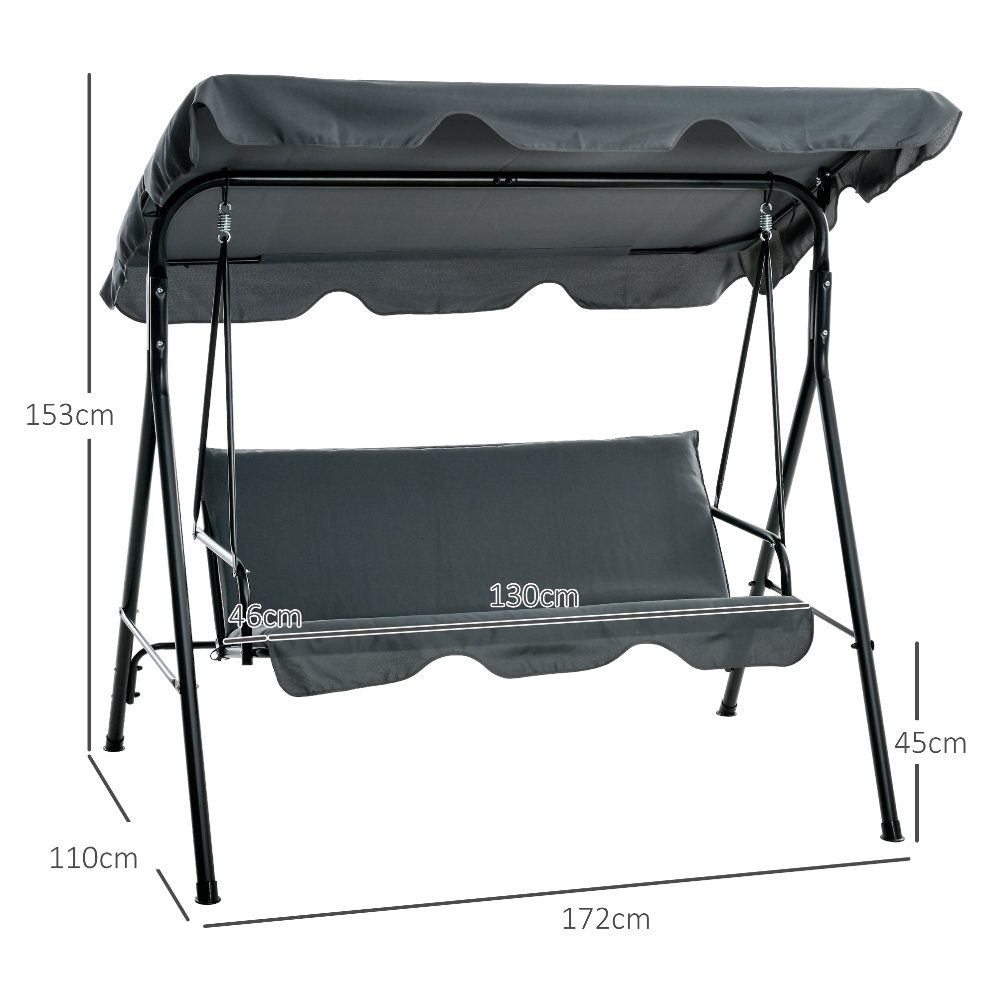 Outsunny 3 Seater Garden Swing Chair, Outdoor Swing Chair with Adjustable Canopy, Mental Frame & Cushions, Grey
