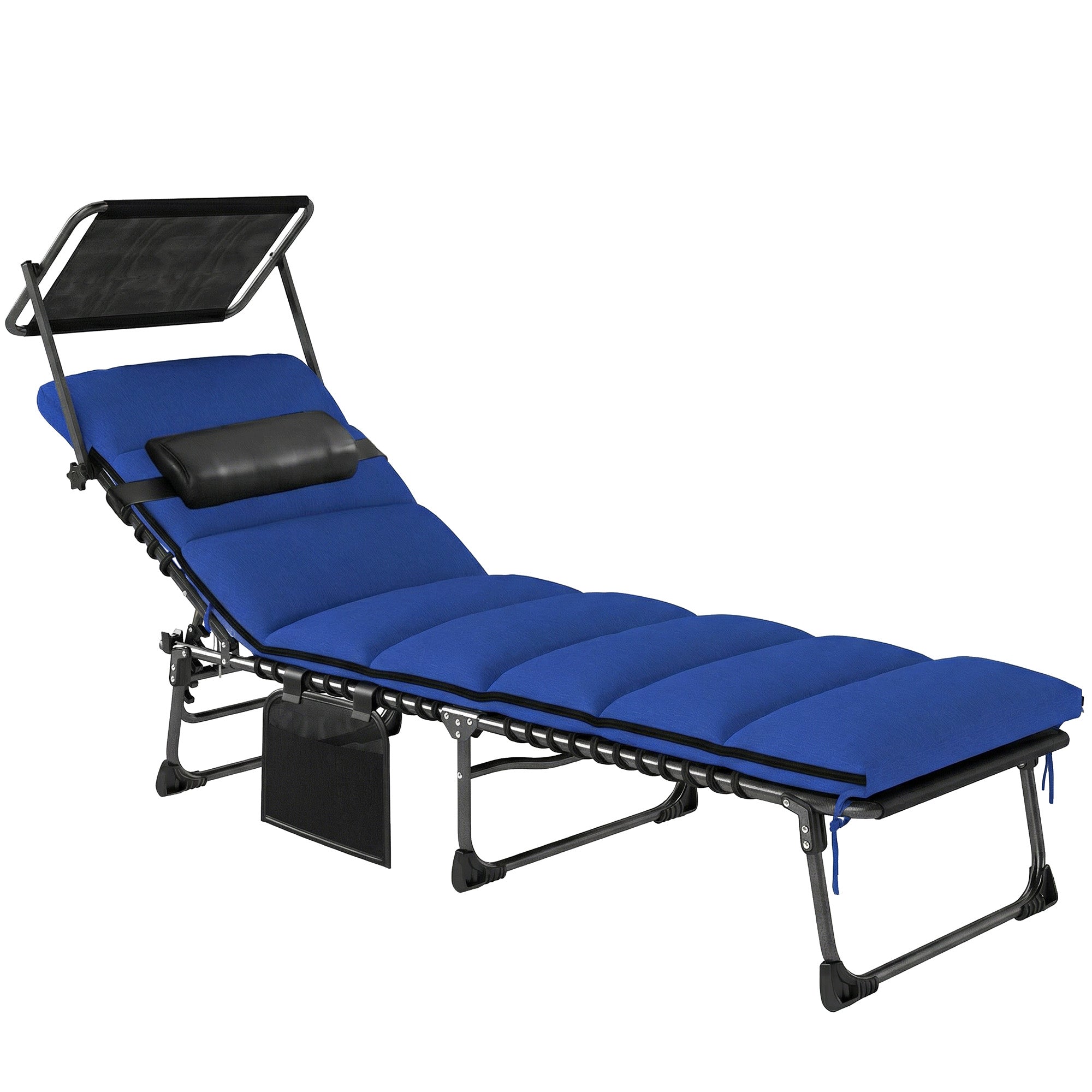 Outsunny Folding Sun Lounger with Canopy, Reclining Sunbed with Cushion, Side Pocket, Carrying Handle, Dark Blue