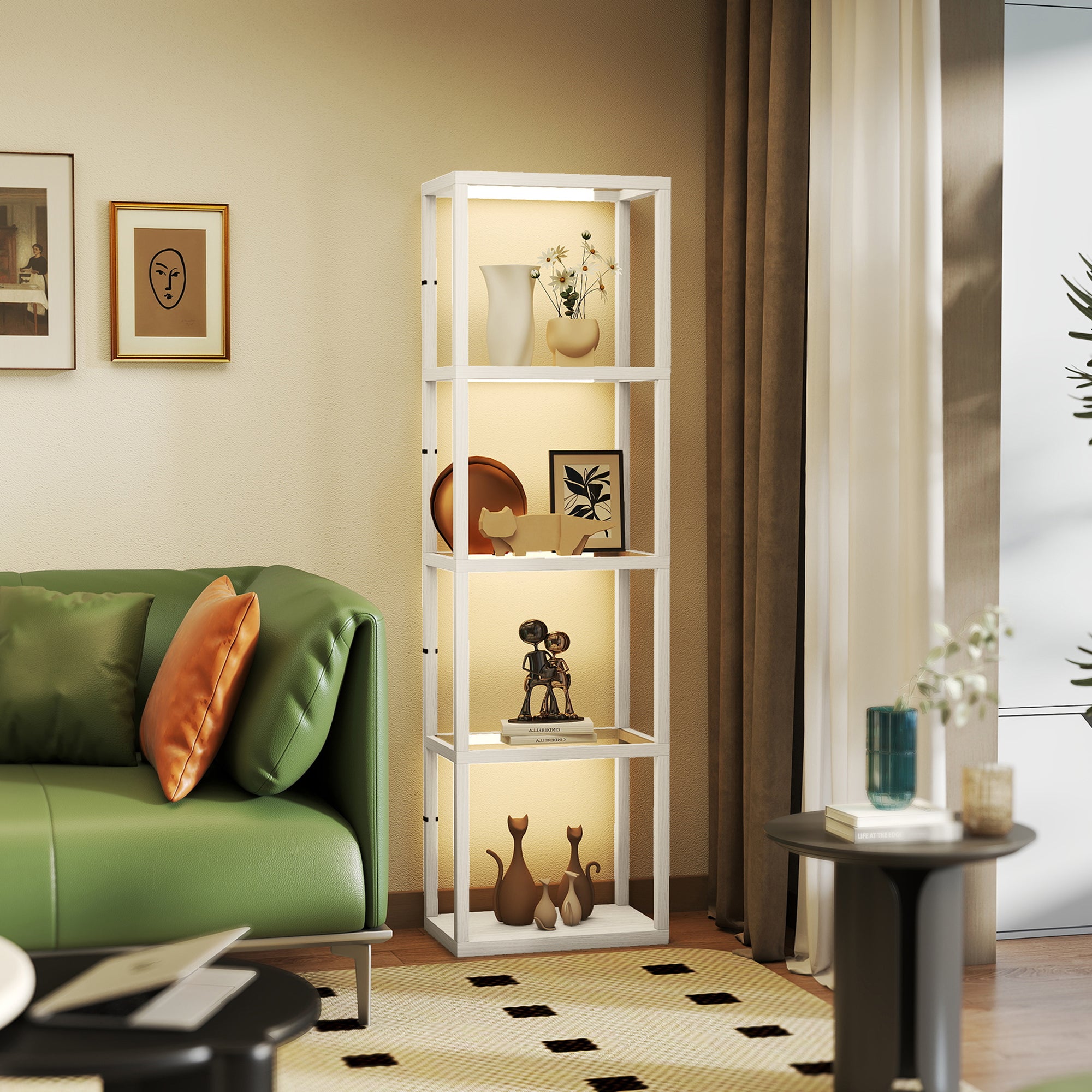 HOMCOM LED Floor Lamp with Glass Shelves, 4 Layers Dimmable Tall Standing Lamp, Modern Column Shelf Floor Light for Living Room, Bedroom, Office, Oak