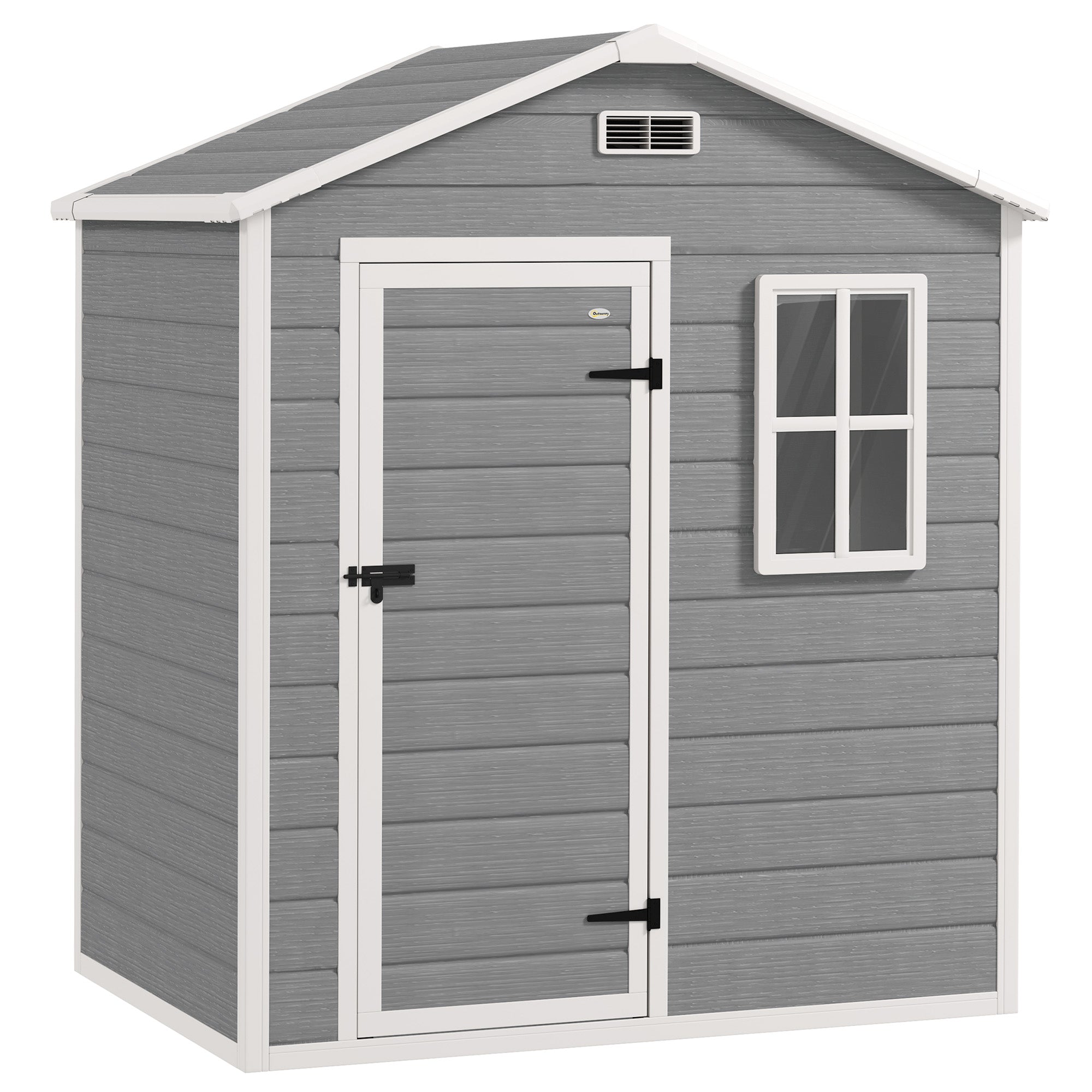 Outsunny 6 x 4ft Garden Shed, Plastic Shed with Floor, Window, Lockable Door and Vents, Wood Effect Resin Tool Shed for Outdoor, Grey