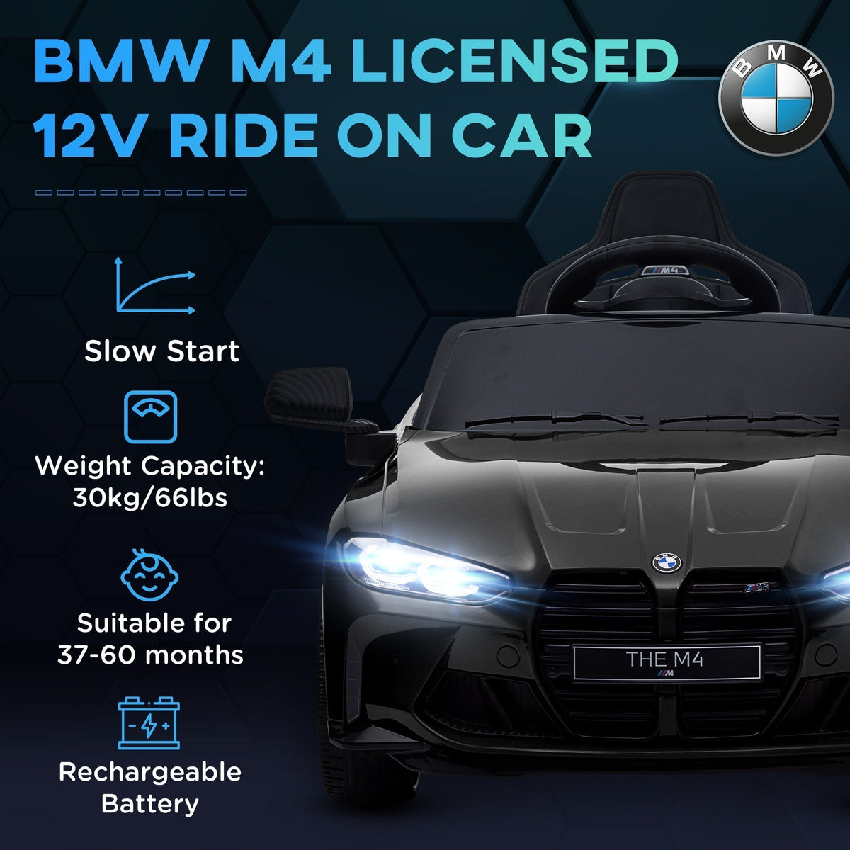 AIYAPLAY 12V BMW Licensed Kids Car, with Easy Transport, Remote Control, Suspension, Music, Horn, LED Lights, Black