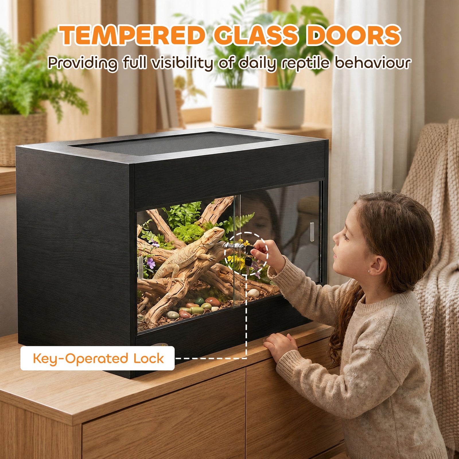 PawHut Reptile Terrarium, Reptile Vivarium with Glass Doors, Secure Lock, Top Ventilation for Snake, Gecko, 60x45x45cm, Black