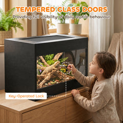 PawHut Reptile Terrarium, Reptile Vivarium with Glass Doors, Secure Lock, Top Ventilation for Snake, Gecko, 60x45x45cm, Black