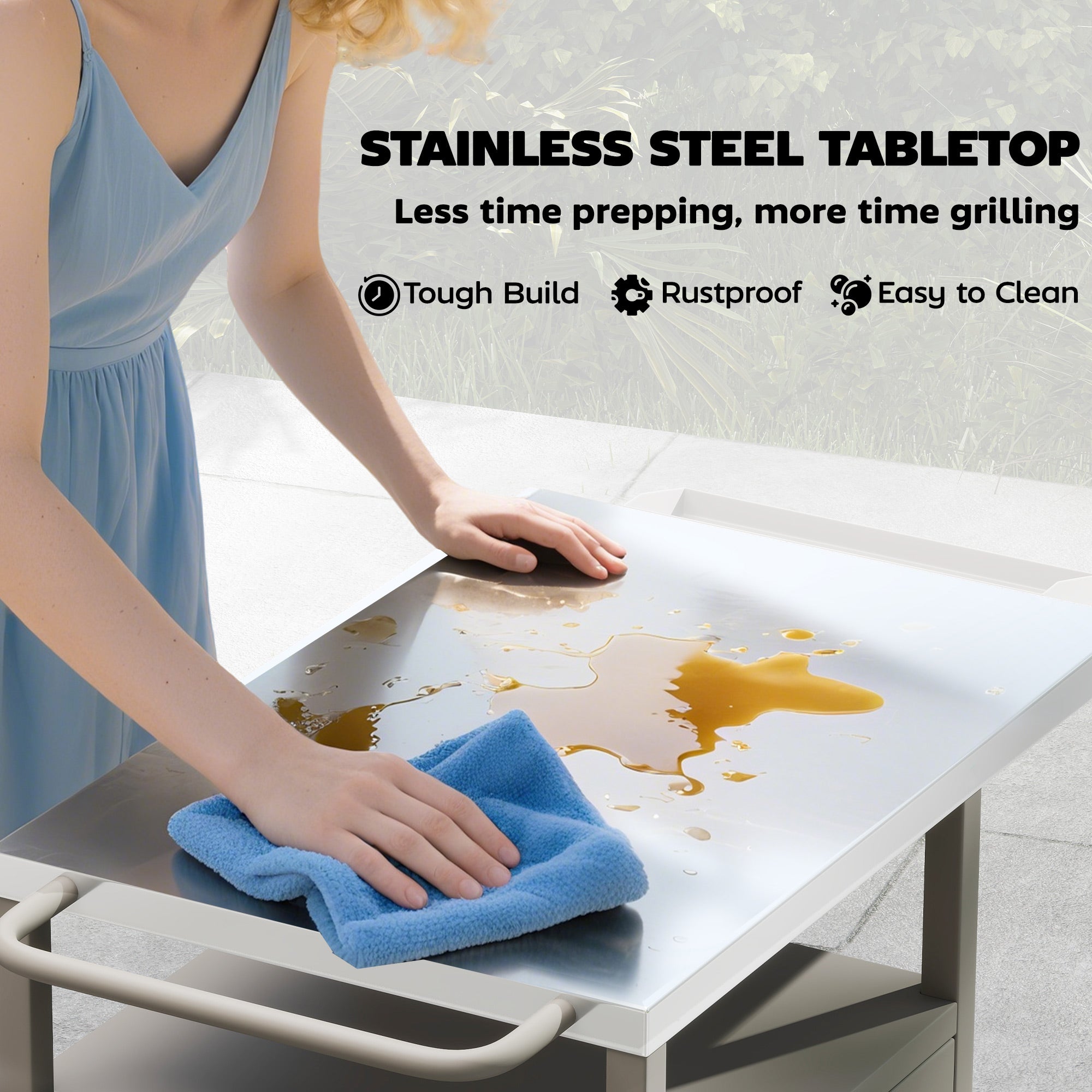 Outsunny Grill Cart with Stainless Steel Top, Pizza Oven Stand with Cabinet, Spice Rack, Towel Holder, Bottle Opener, Brown