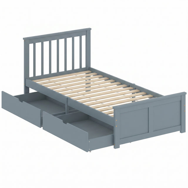 HOMCOM Pine Storage Bed, 3ft Single Solid Wooden Bed Frame with Drawers, Headboard, Wood Slat Support, Grey
