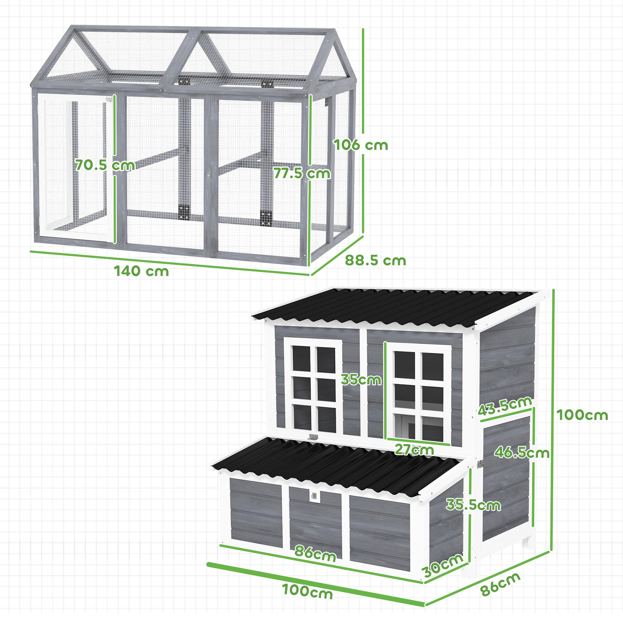 PawHut 2-Piece Wooden Chicken Coop and Run Set, Poultry Run Cage with Nesting Box, Slide-Out Tray, Roof, Perch