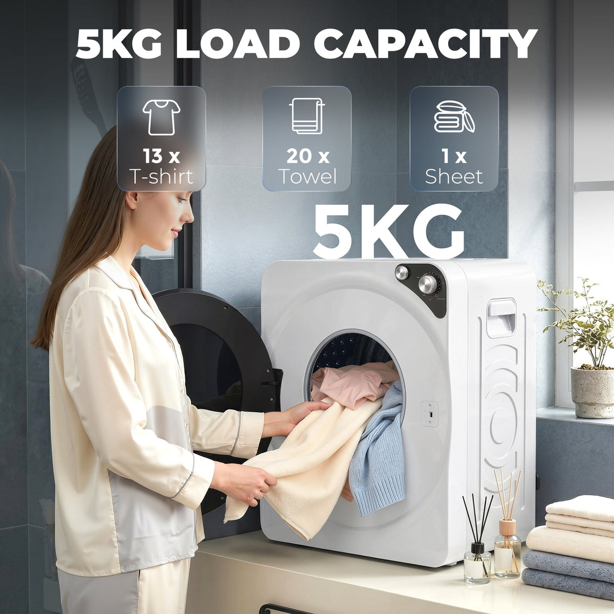 HOMCOM 5kg Vented Tumble Dryer, 1000W Compact Tumble Dryer with Smart Drying, Freestanding Stackable Clothes Drying Machine