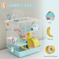 PawHut 3-Level Hamster Cage with Exercise Wheel, Water Bottle, Food Bowl, for Dwarf Hamsters, 34.5 x 27.5 x 41 cm, Blue