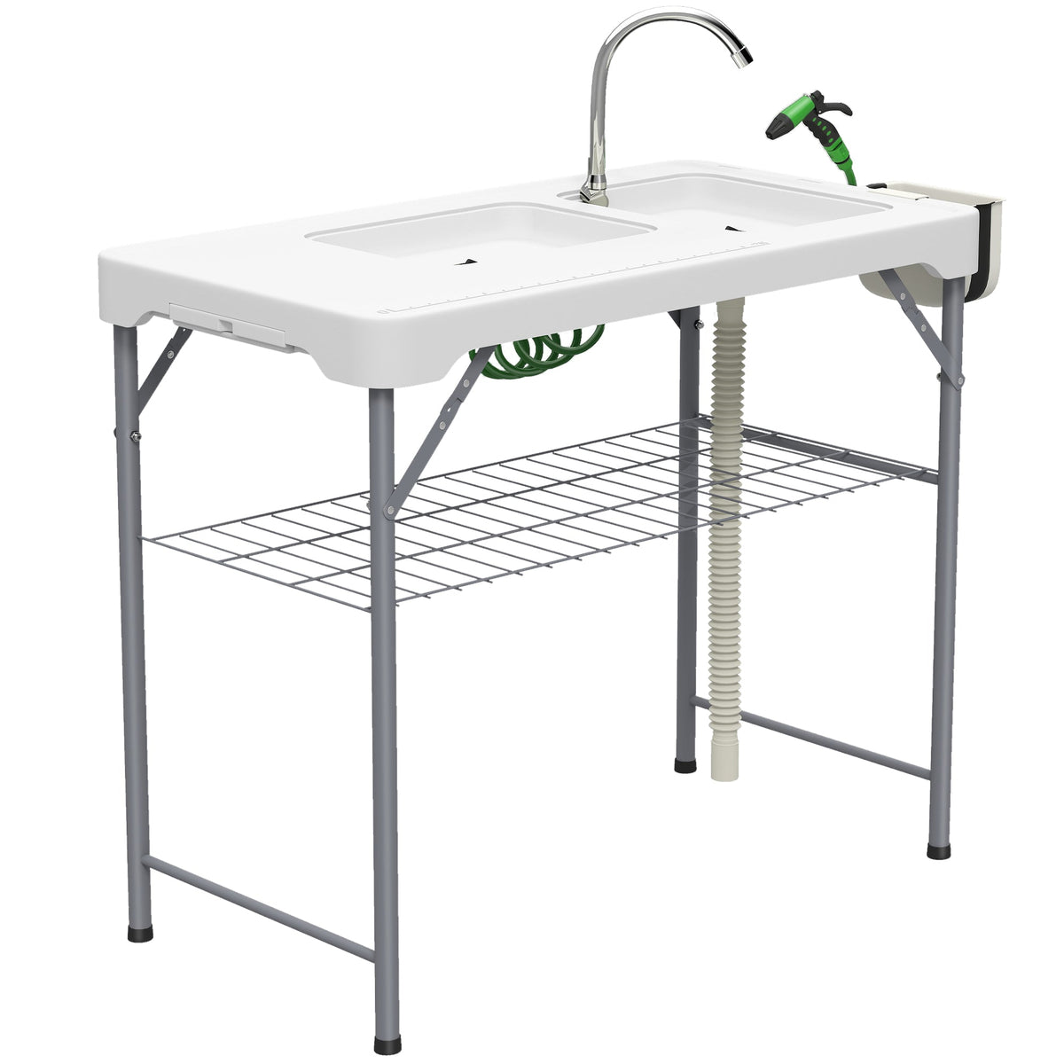 Outsunny Folding Fish Cleaning Table with Sinks, Portable Camping Sink Table with Faucet, Drainage Hose