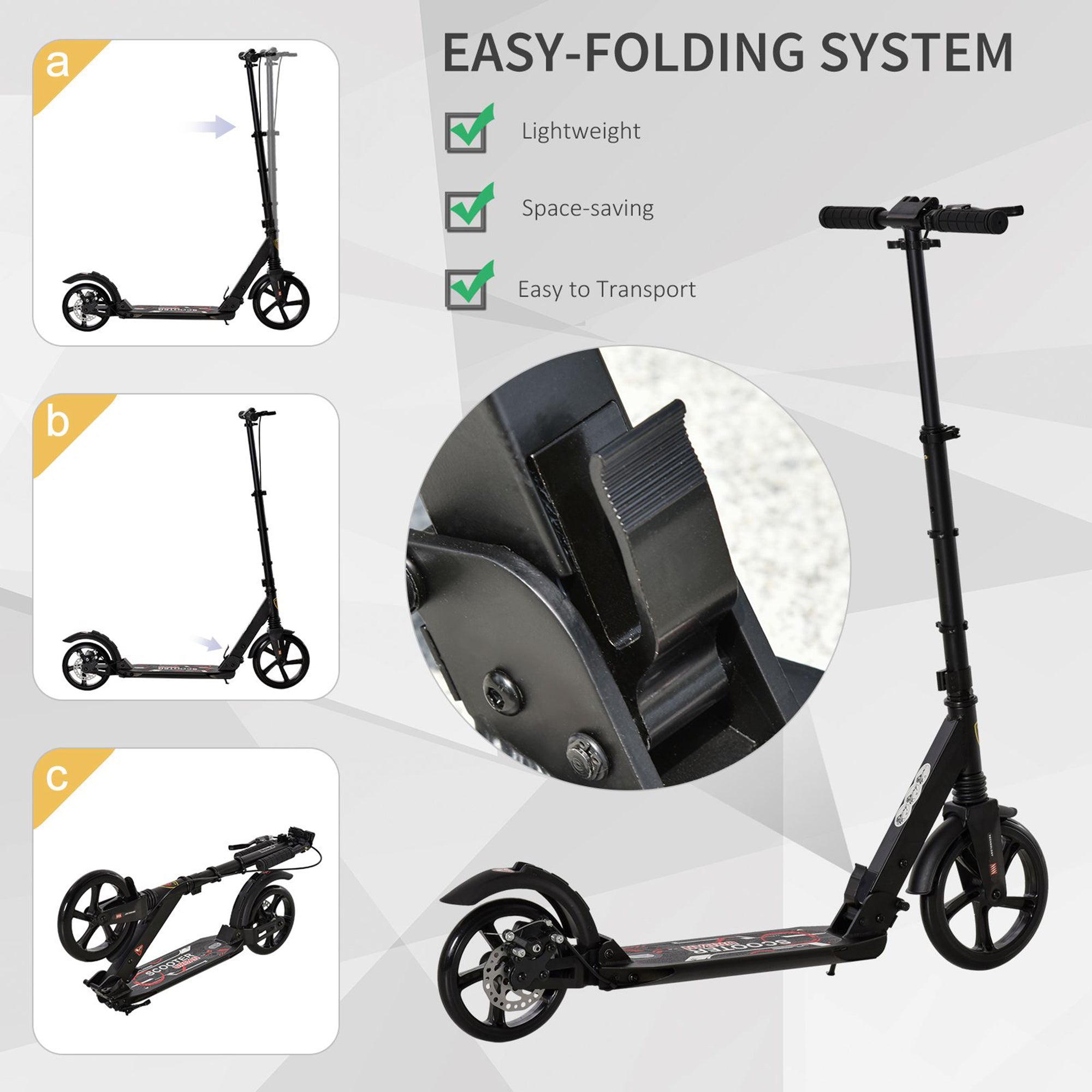 HOMCOM Kick Scooter, Folding 2 Wheel Scooter for 14+ Teens Adults, with Dual Brake System, Dual Suspension, 230mm Big Wheels, 3 Adjustable Handlebar, up to 100KG, Black