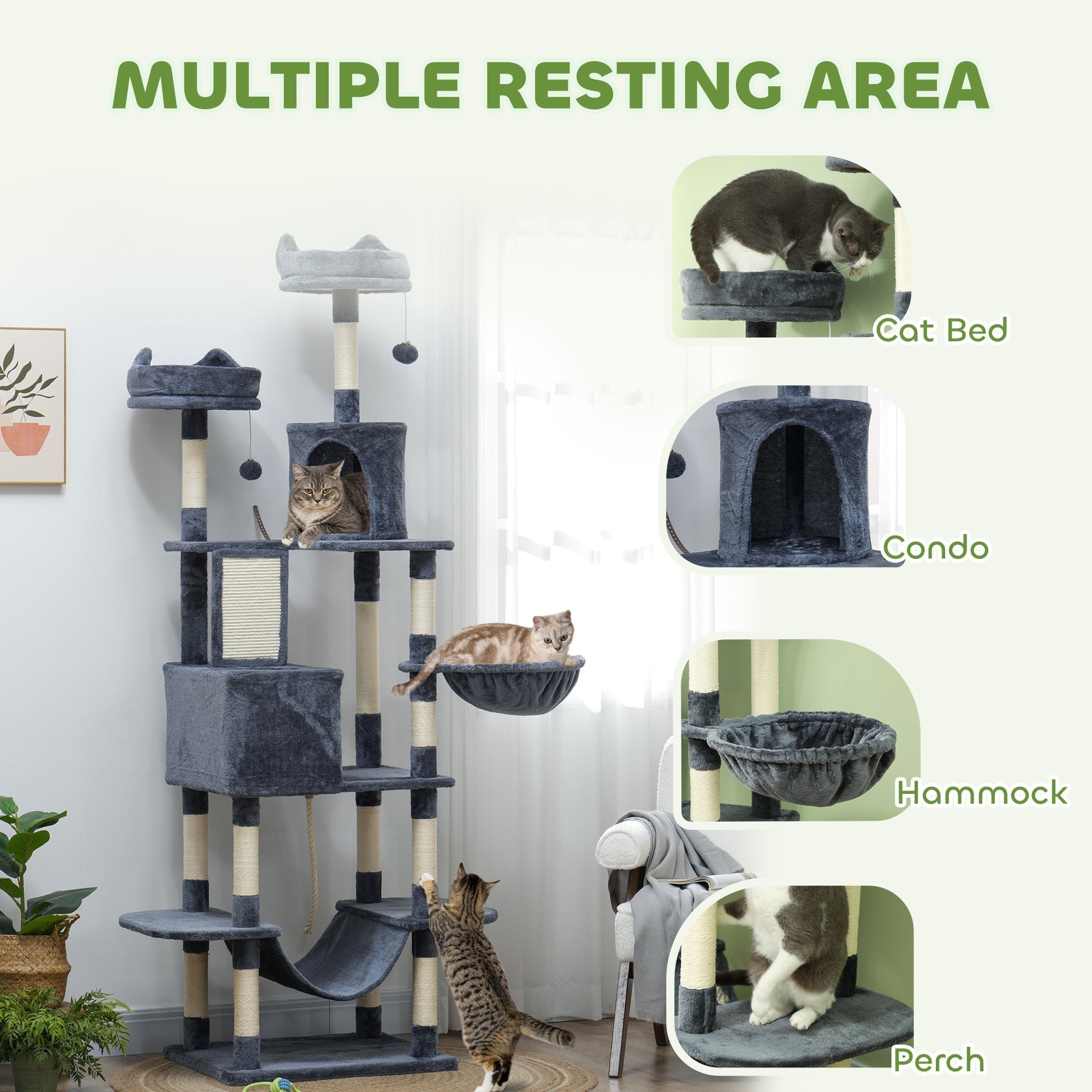 PawHut 206cm Cat Tree, Multi-Level Cat Tower with Scratching Posts and Board, Beds, Condos, Platforms, Toy Balls, Dark Grey