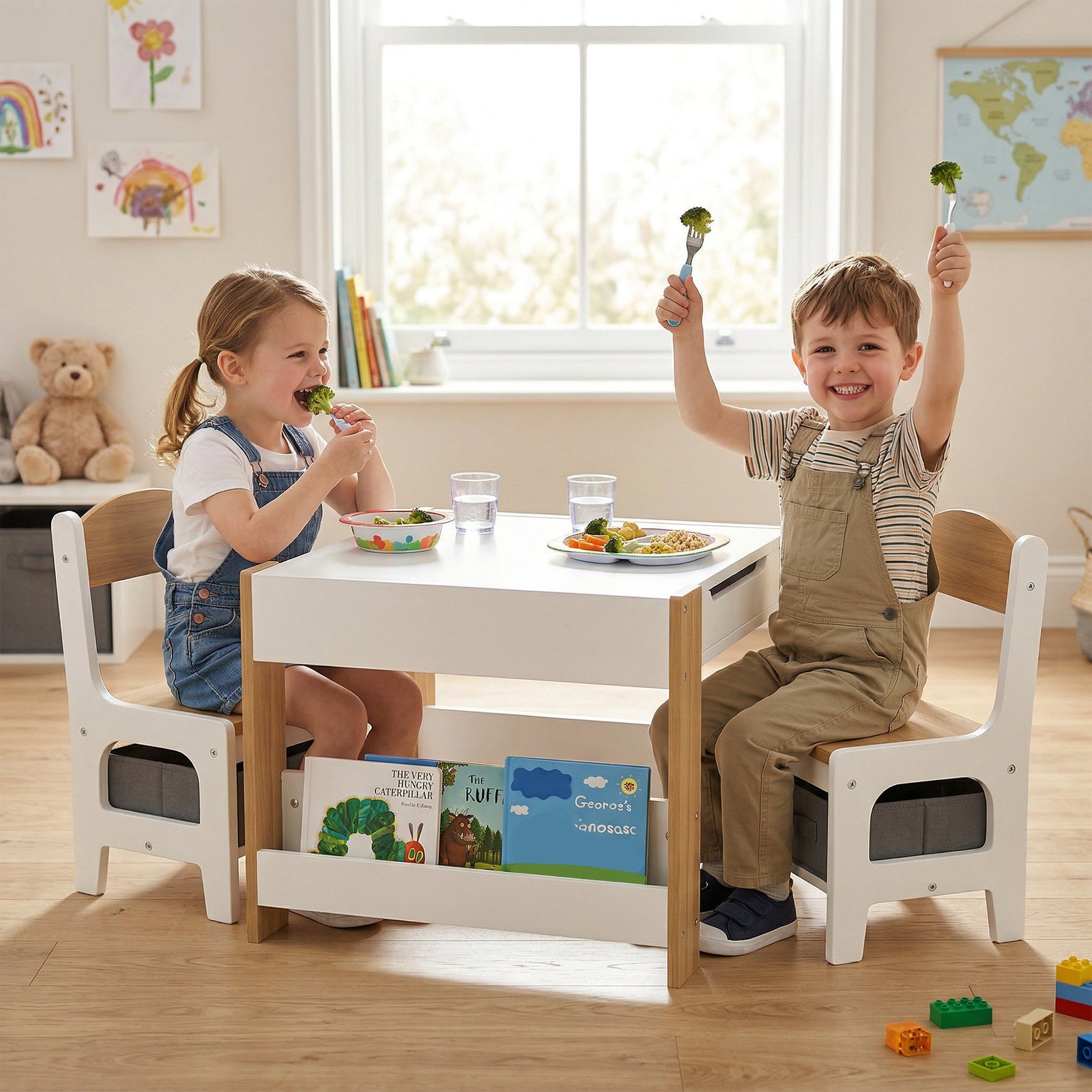 HOMCOM Three-Piece Kids Table and Chair Set with Blackboard, Storage, Bookshelves - Natural Wood