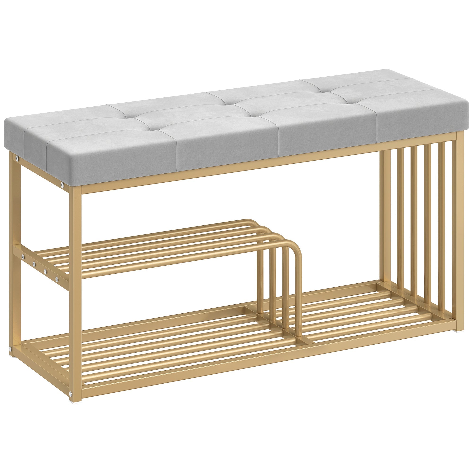 HOMCOM Bench and Shoe Storage, Tufted Shoe Storage Bench with Velvet Seat Cushion Gold Steel Frame for Entryway, Grey