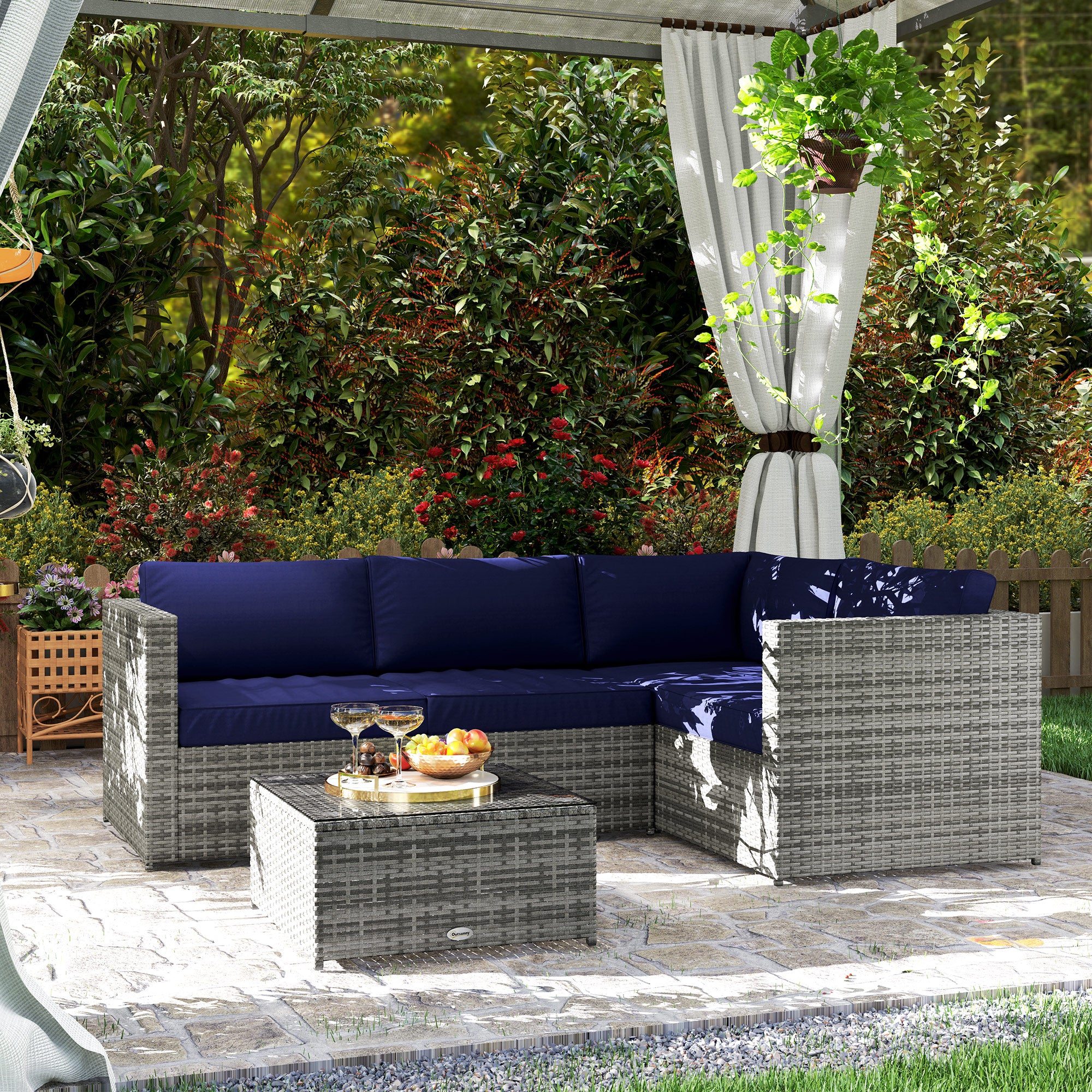 Outsunny 3 Pieces PE Rattan Garden Furniture Set with 10 cm Thick Cushions, 4 Seater Garden Corner Sofa Set with Glass Top Coffee Table, Outdoor Furniture for Patio, Porch, Blue