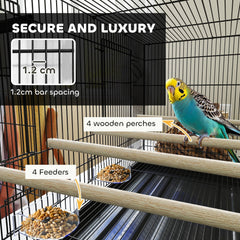 PawHut Bird Cage with Divider, 4 Wooden Perches, Slide Out Tray, 4 Feeders, for Budgie, Lovebird, Canary, 76 x 46 x 46cm, Black