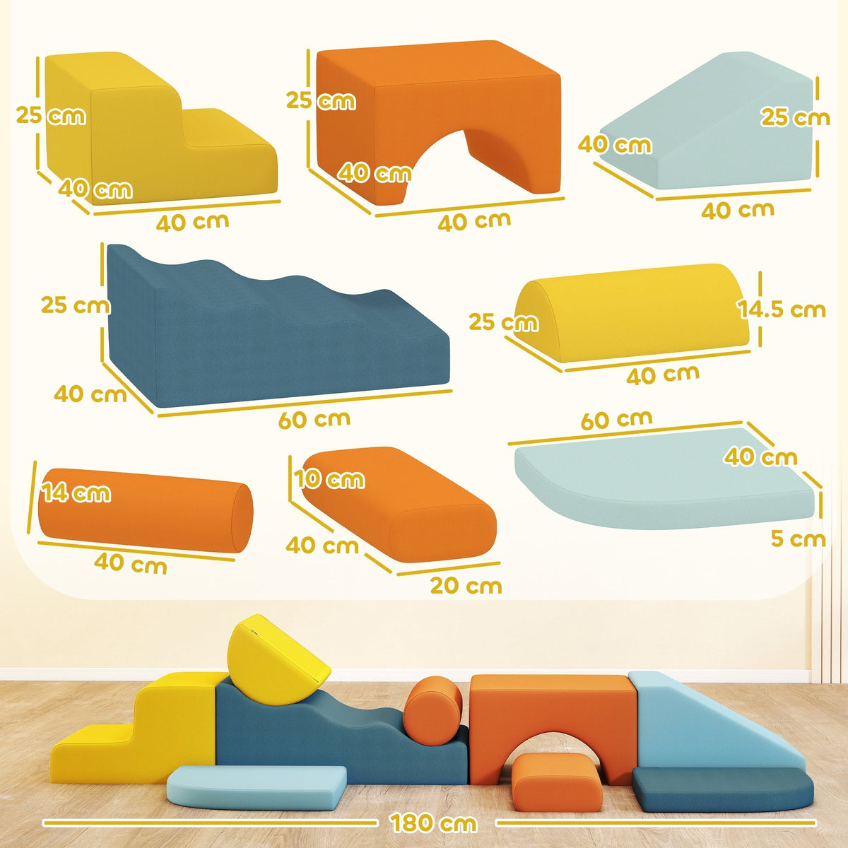 AIYAPLAY 9-Piece Soft Play Set, Kids Soft Play Foam Blocks with Detachable Cover for Climbing and Crawling