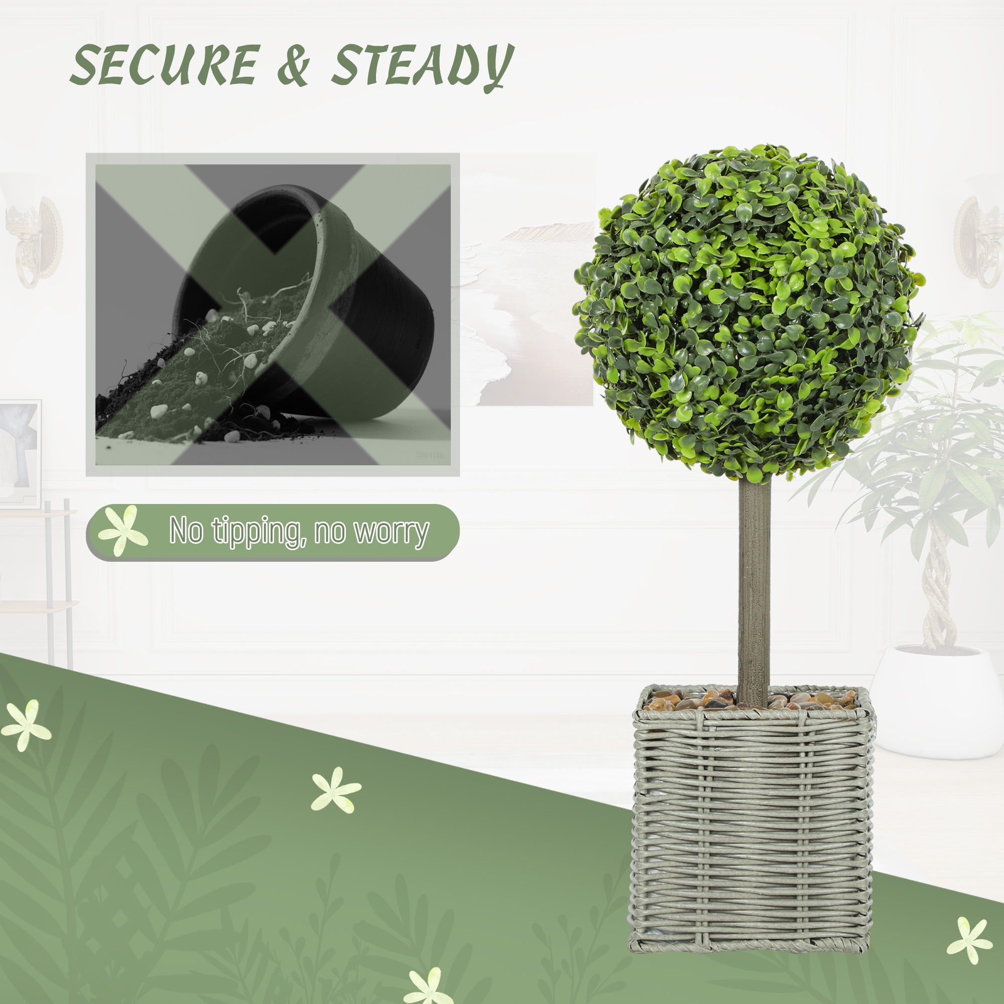 HOMCOM Set of 2 Decorative Artificial Plants, 50cm Faux Boxwood Topiary Balls with Woven Plastic Pot and Pebbles, Fake Plants for Home or Office Decor, Green