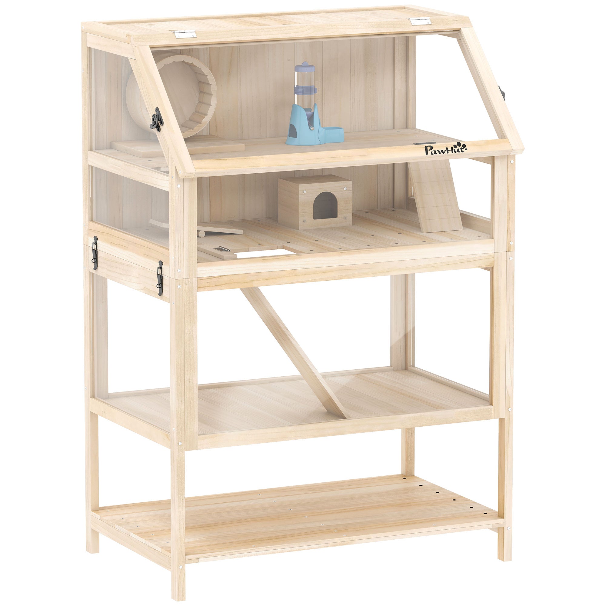 PawHut Wooden Hamster Cage with Detachable Lower Floor, Storage Shelf, Hut, Seesaw, Exercise Wheel, Ramps for Hamster
