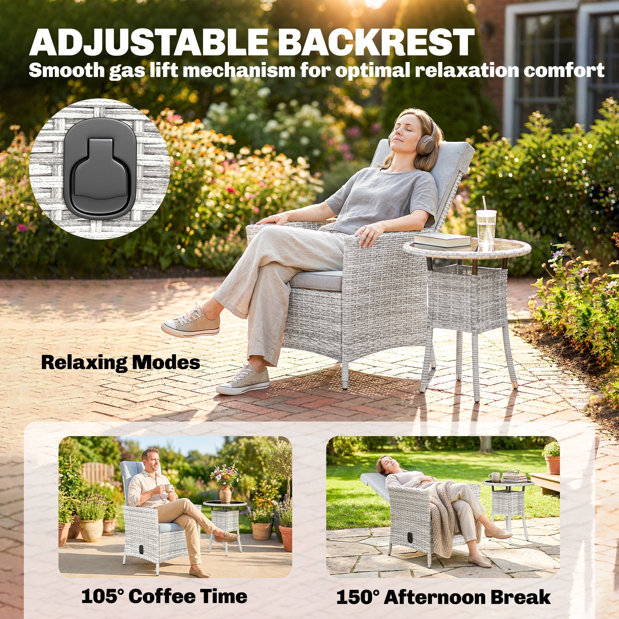 Outsunny Rattan Bistro Set, Reclining Garden Chairs and Glass Coffee Table with Cushions for Patio Balcony Porch, Light Grey