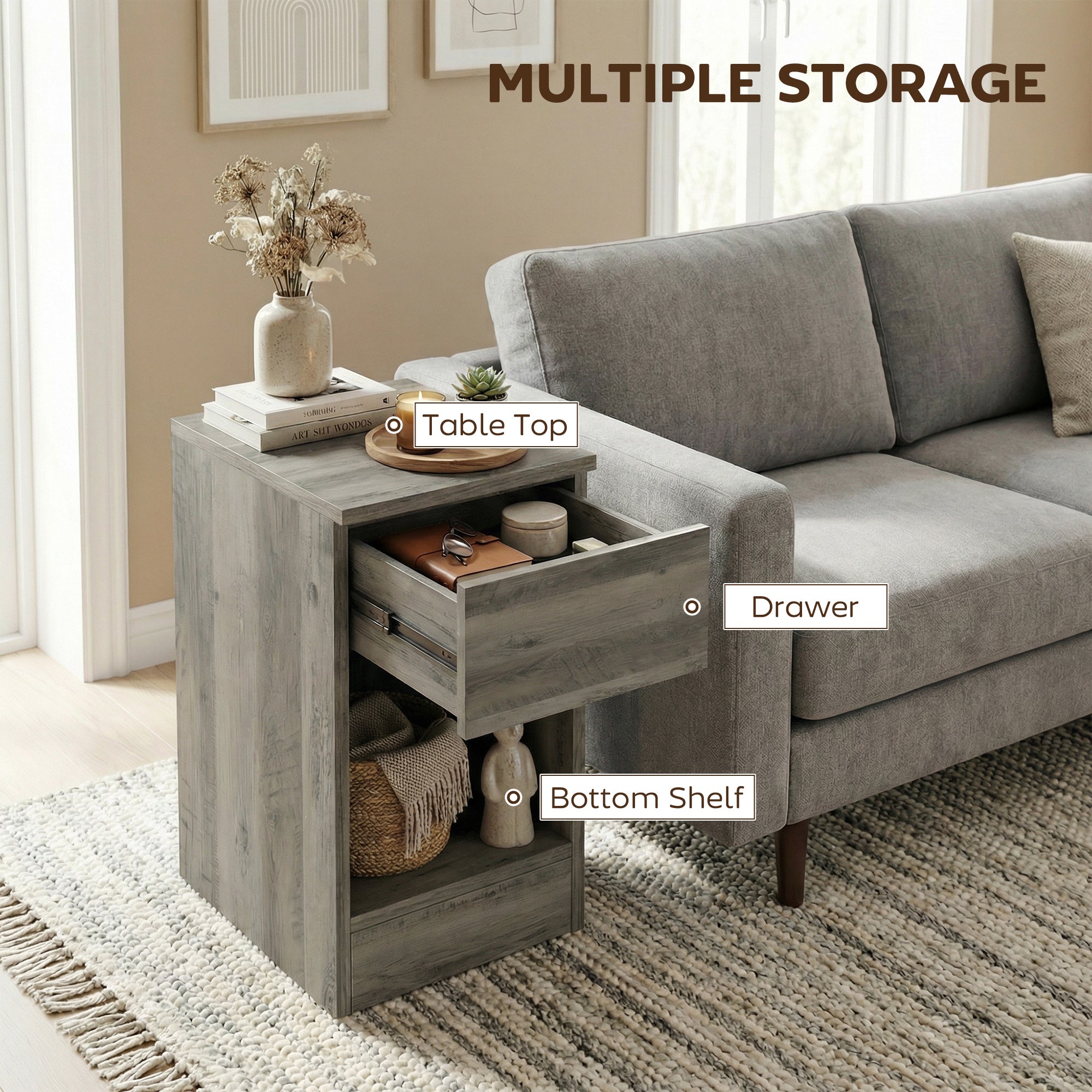 HOMCOM Set of Two Modern Storage Bedside Tables - Grey