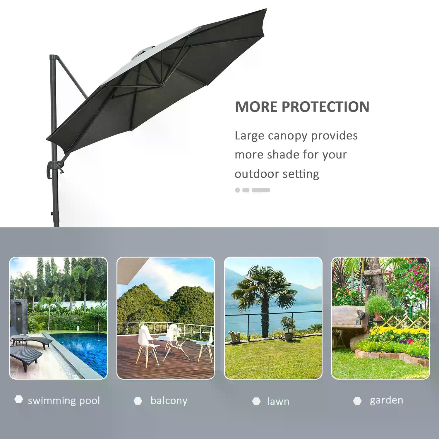 Outsunny 3(m) Offset Parasol Cantilever Hanging Umbrella 360√Ç¬∞ Rotation w/ Base Dark Grey