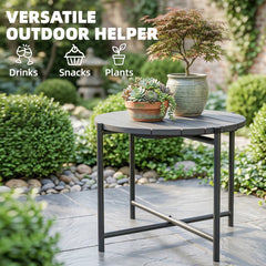 Outsunny 54 cm Round Outdoor Side Table, Industrial Small Garden Table with Slatted Wood Top and Metal Frame, Dark Grey