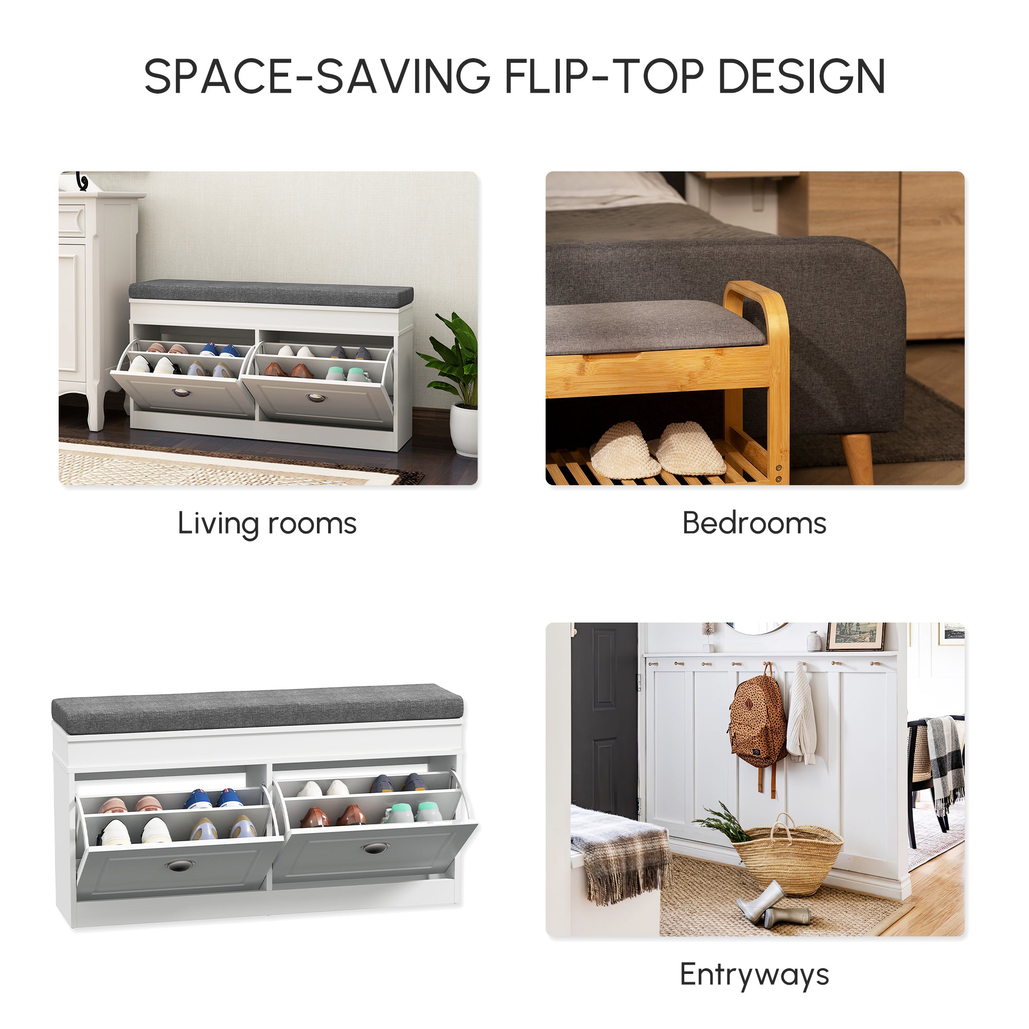 HOMCOM Shoe Storage Bench with Flip Drawers, Shoe Cabinet with Seat Cushion and Adjustable Shelf for Hallway, Entryway, Living Room, Bedroom, White