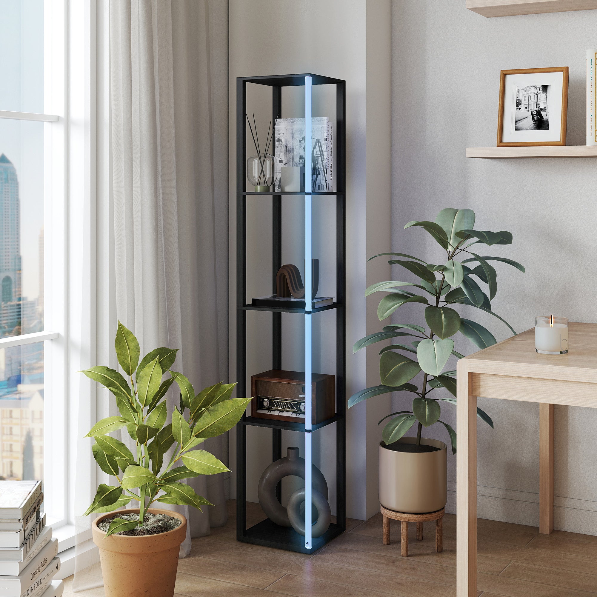 HOMCOM RGB LED Floor Lamp with Shelves, Modern Dimmable Standing Lamp with Remote Control, Adjustable Brightness & Speed for Living Room, Bedroom, Office, Black