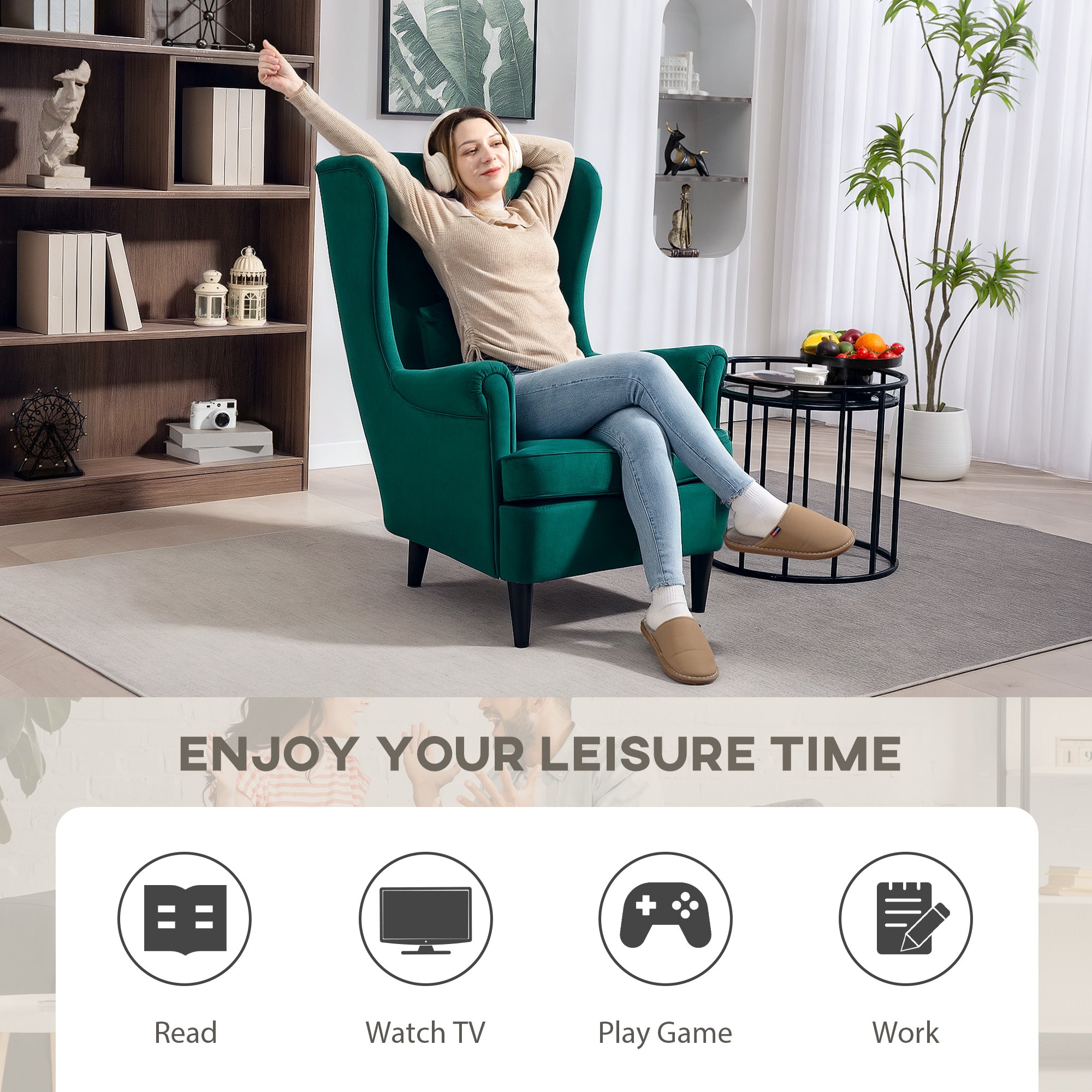 HOMCOM Modern Accent Chair, Upholstered Wingback Armchair with High Backrest and Pillow, Velvet-Feel Fabric Reading Chair with Solid Wood Legs for Living Room, Bedroom, Home Office, Dark Green