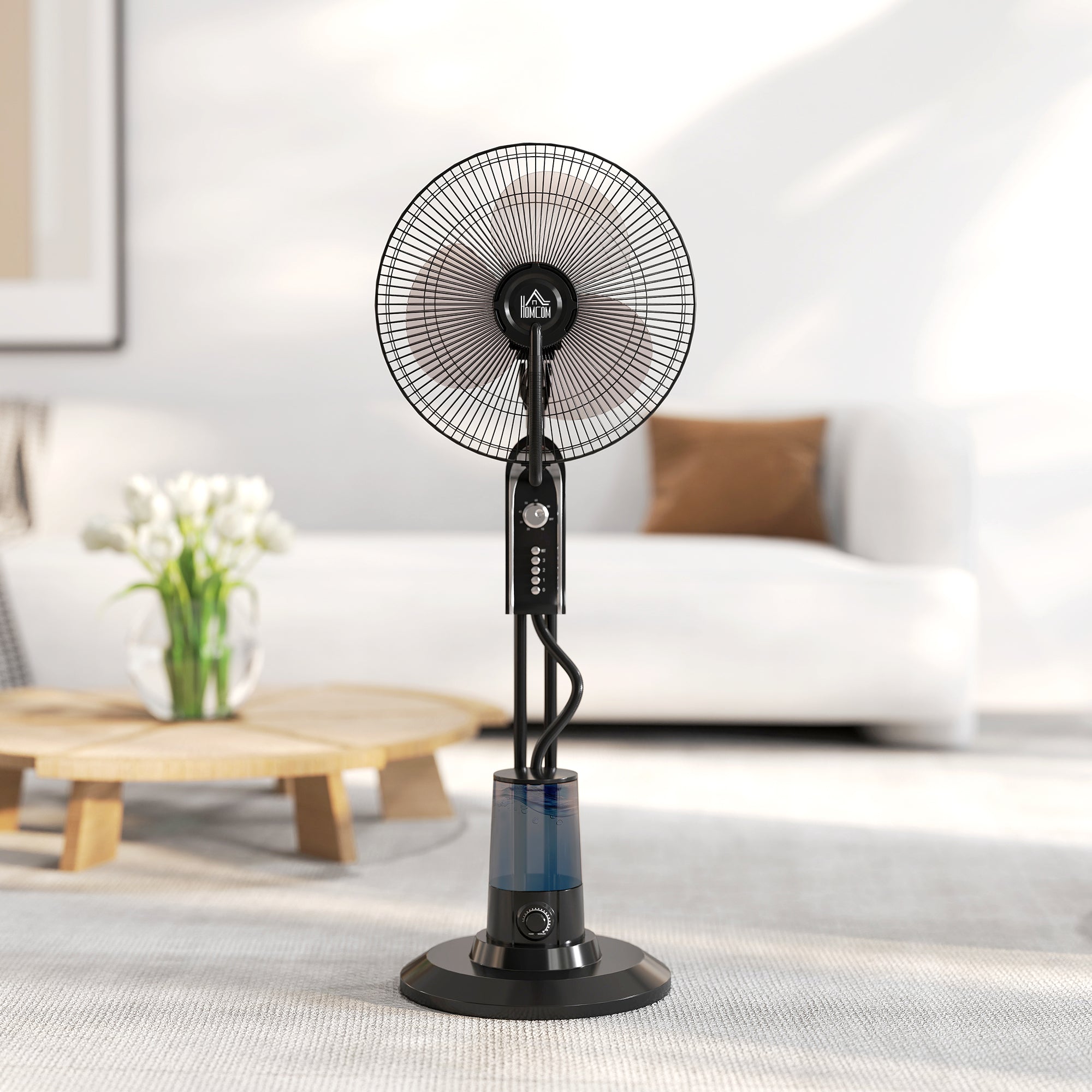 HOMCOM Pedestal Fan with Water Mist Spray, Spray Misting Fan with 70√Ç¬∞ Oscillation, Tilt Head, 4 Speeds, 3 Modes, Adjustable Mist, 3.2L Water Tank, for Home, 120 cm