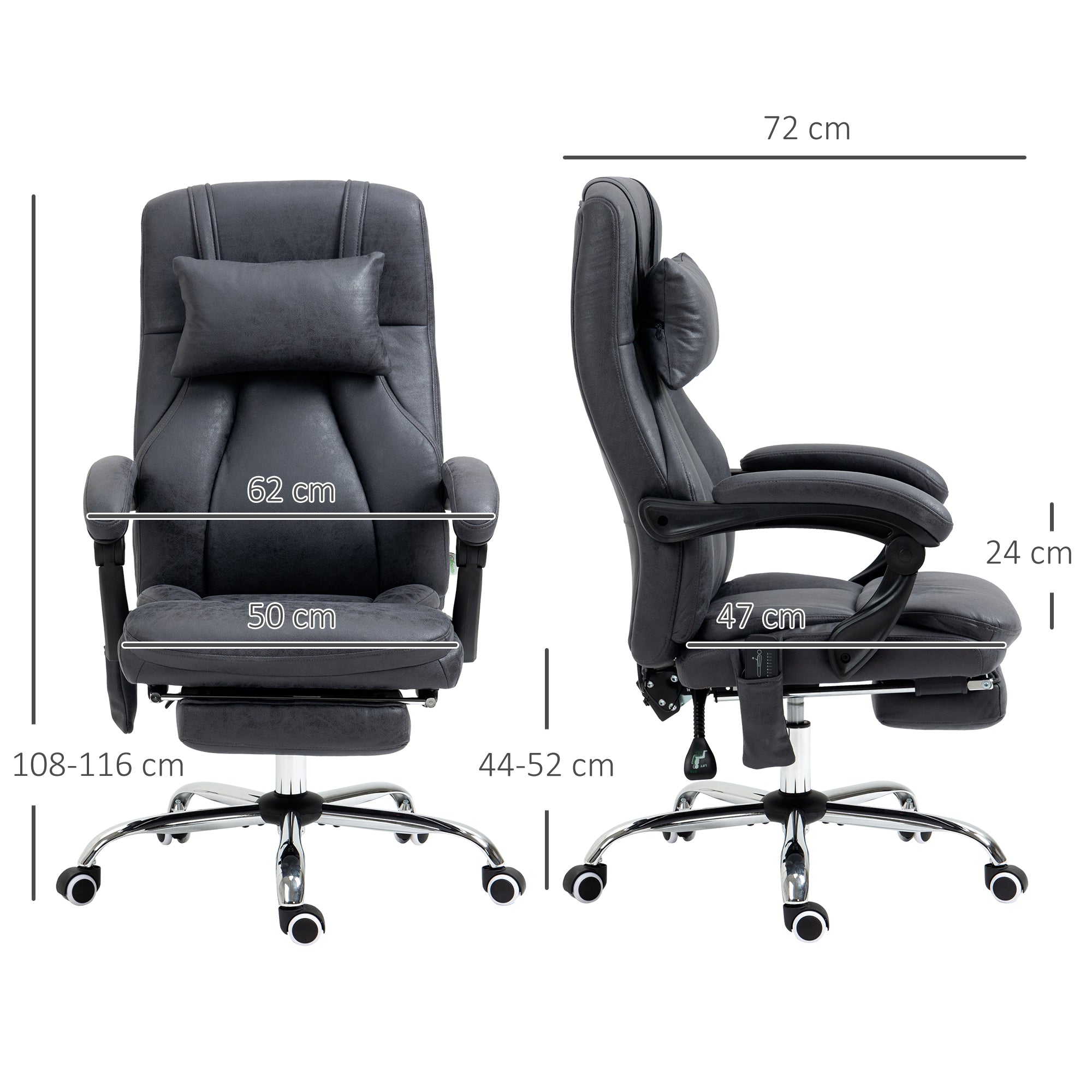 Vinsetto Office Chair with Lumbar Massage, 135√Ç¬∞ Reclining Computer Chair with Adjustable Headrest, Retractable Footrest, 10cm Double Padded Seat, Microfiber Fabric, Metal Base, Dark Grey