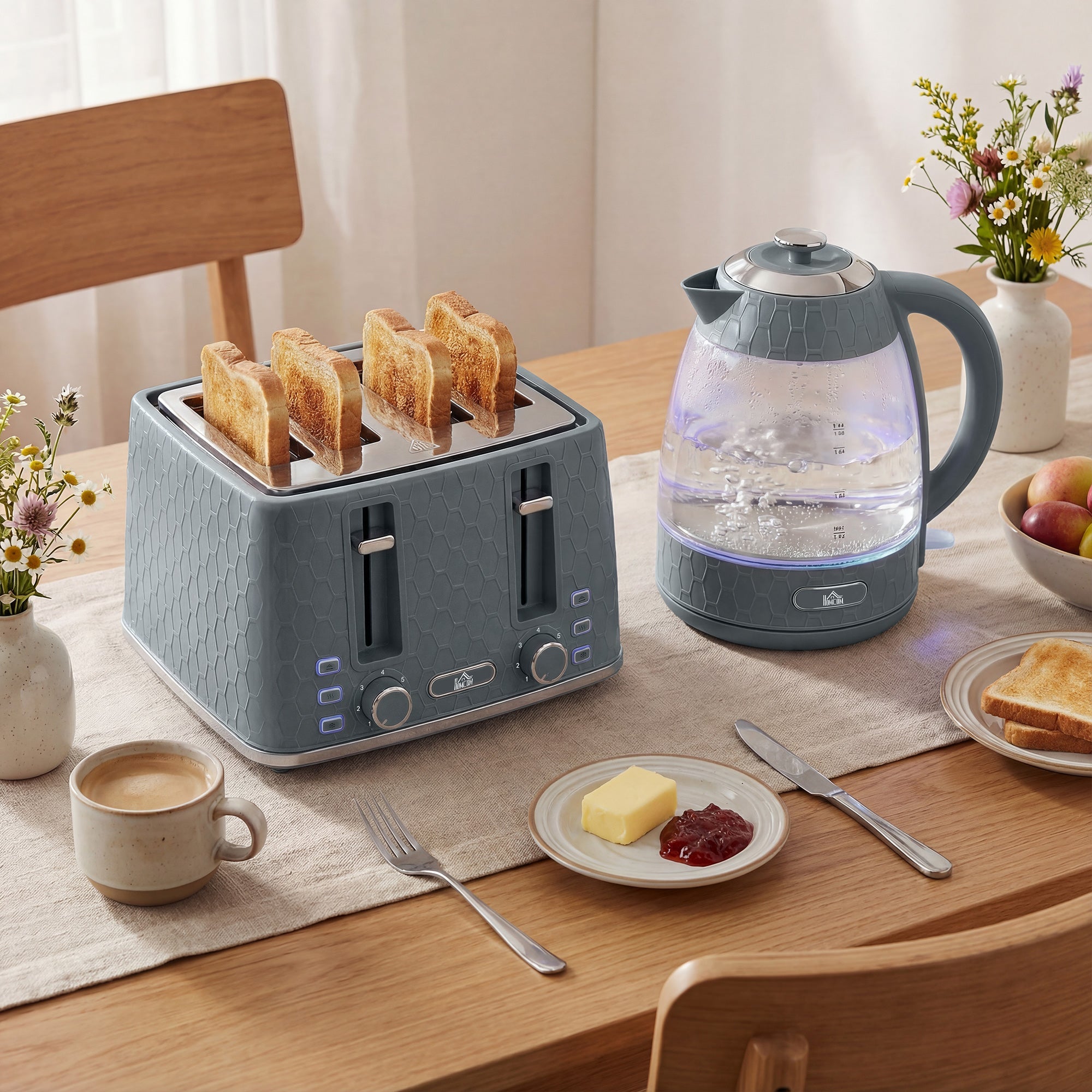 HOMCOM Kettle and Toaster Set, 1.7L 3000W Rapid Kettle with Strix Thermostat, 4 Slice Toaster with 7 Browning Controls, Grey