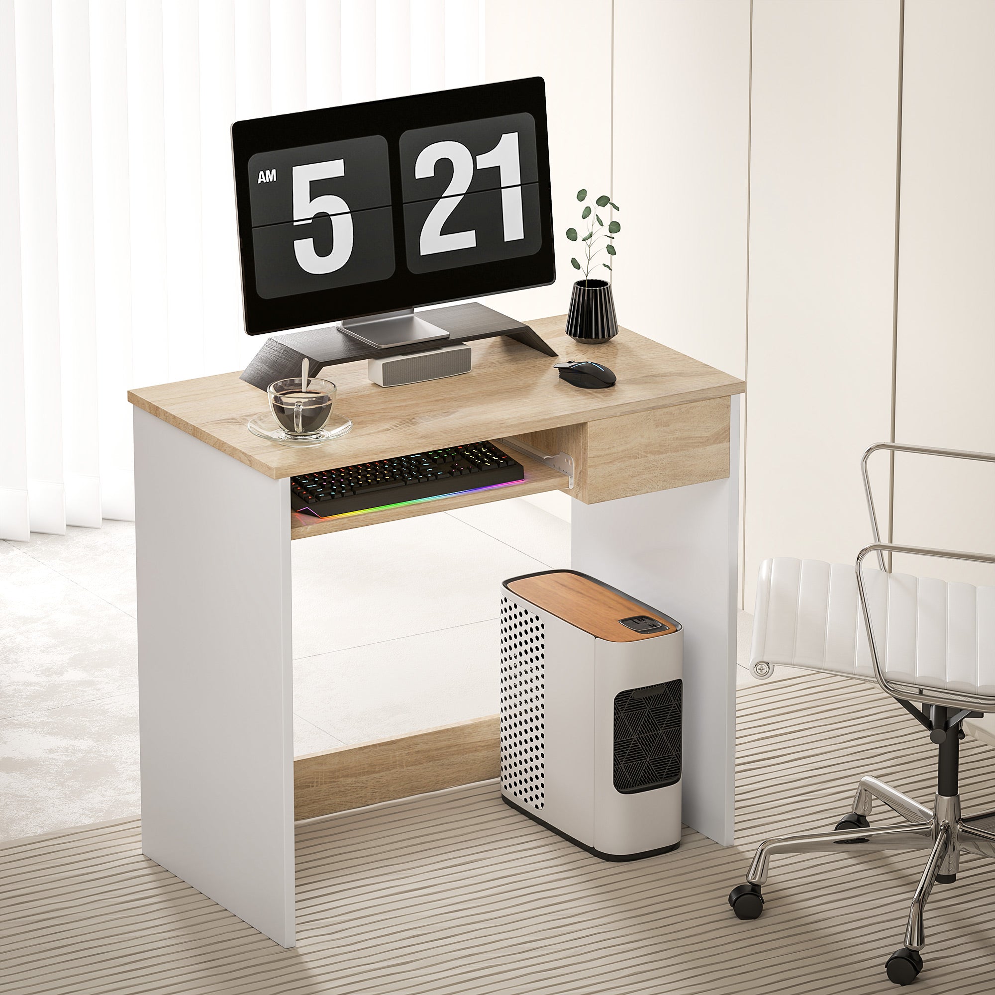 HOMCOM 80cm Compact Computer Desk with Keyboard Tray, Home Office Desk with Drawer for Bedroom Study, Oak