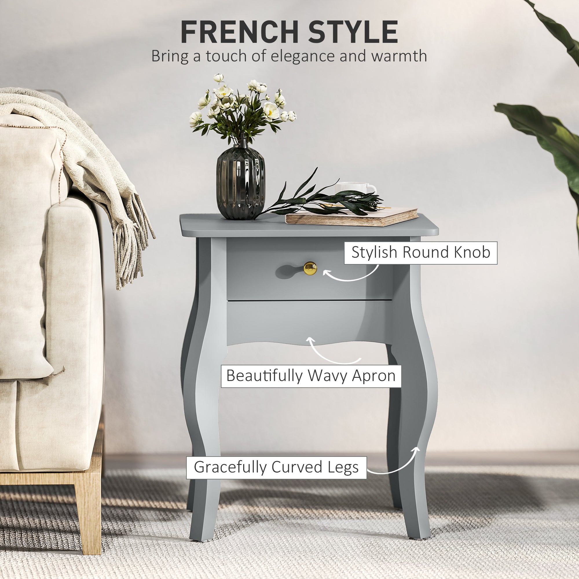 HOMCOM French Style Side Table with Drawer - Grey