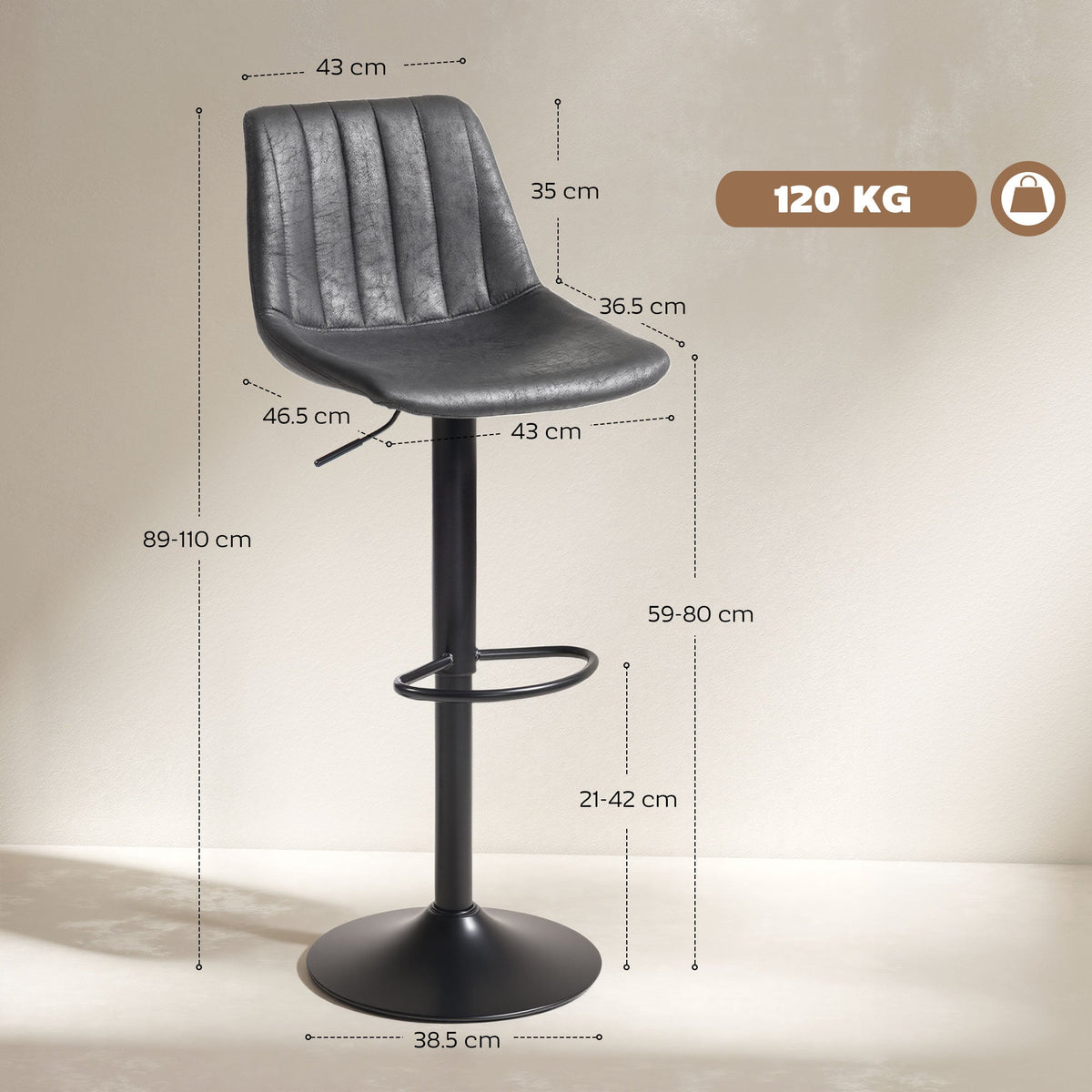 HOMCOM Set of 2 Leathaire Tub Bar Stools - Charcoal Grey