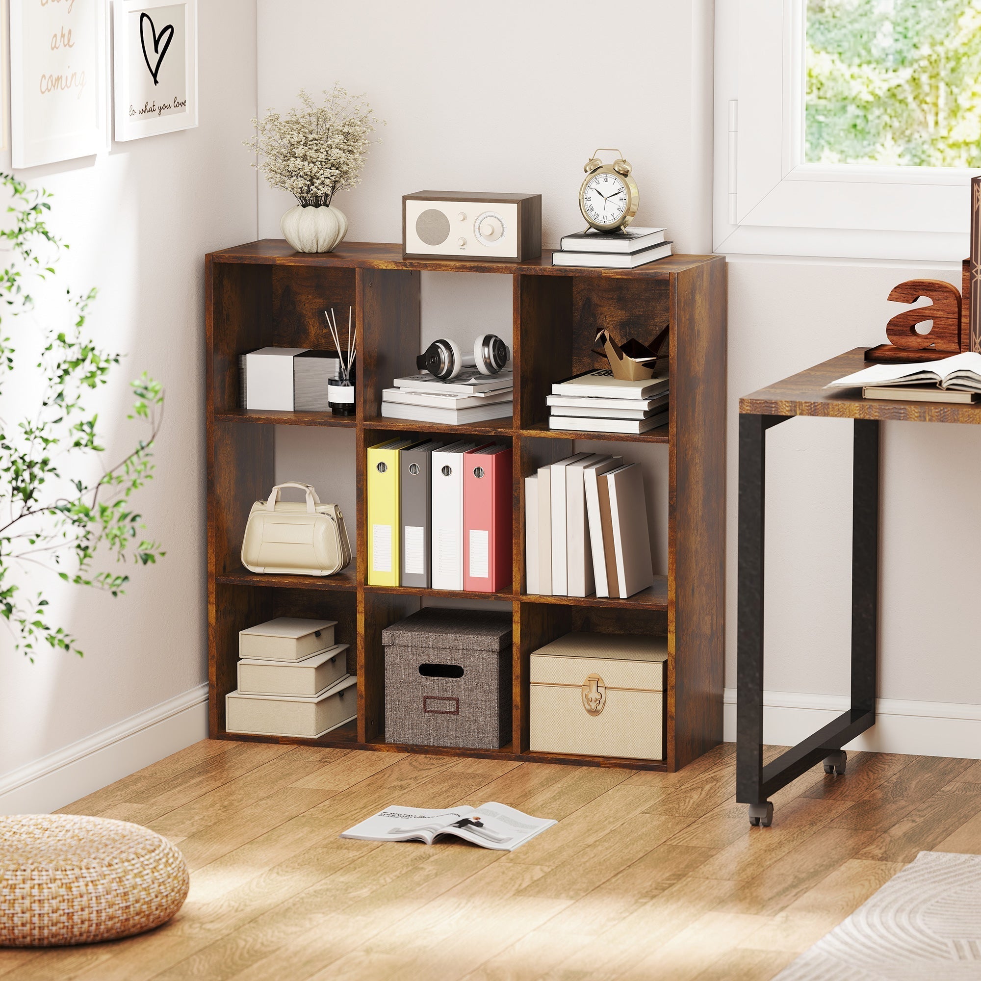 HOMCOM 3-tier 9 Cubes Storage Unit Particle Board Cupboard Bookcase Organiser Home Office Shelves, Rustic Brown