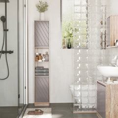HOMCOM Narrow Bathroom Cabinet, Slim Bathroom Storage Unit with Open Compartment, Freestanding Storage Cupboard with Adjustable Shelves for Small Spaces, 30 x 24 x 170 cm, Grey and Oak