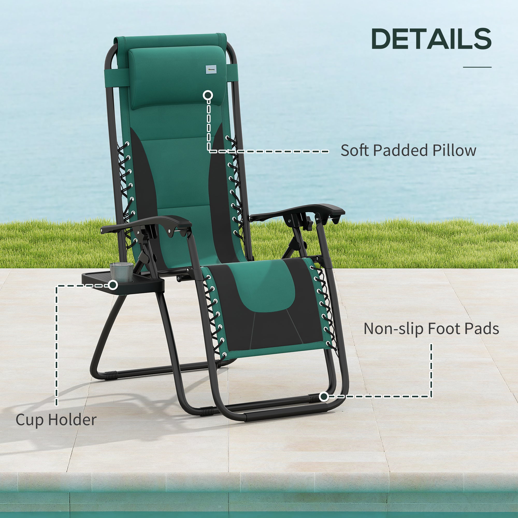 Outsunny Zero Gravity Lounger Chair, Folding Reclining Patio Chair with Padded Seat, Cup Holder, Soft Cushion and Headrest for Poolside, Camping, Green