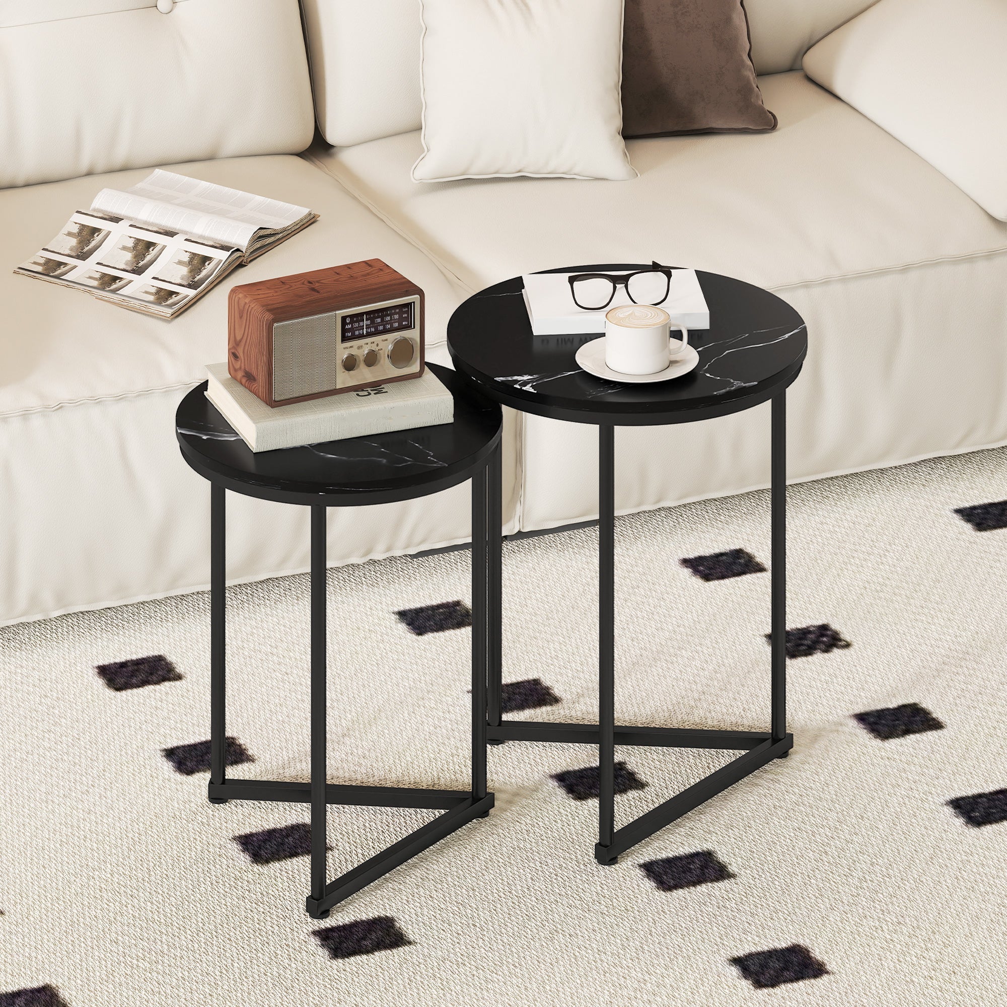 HOMCOM Set of Two Marble-Effect Nest of Tables - Black Marble Effect