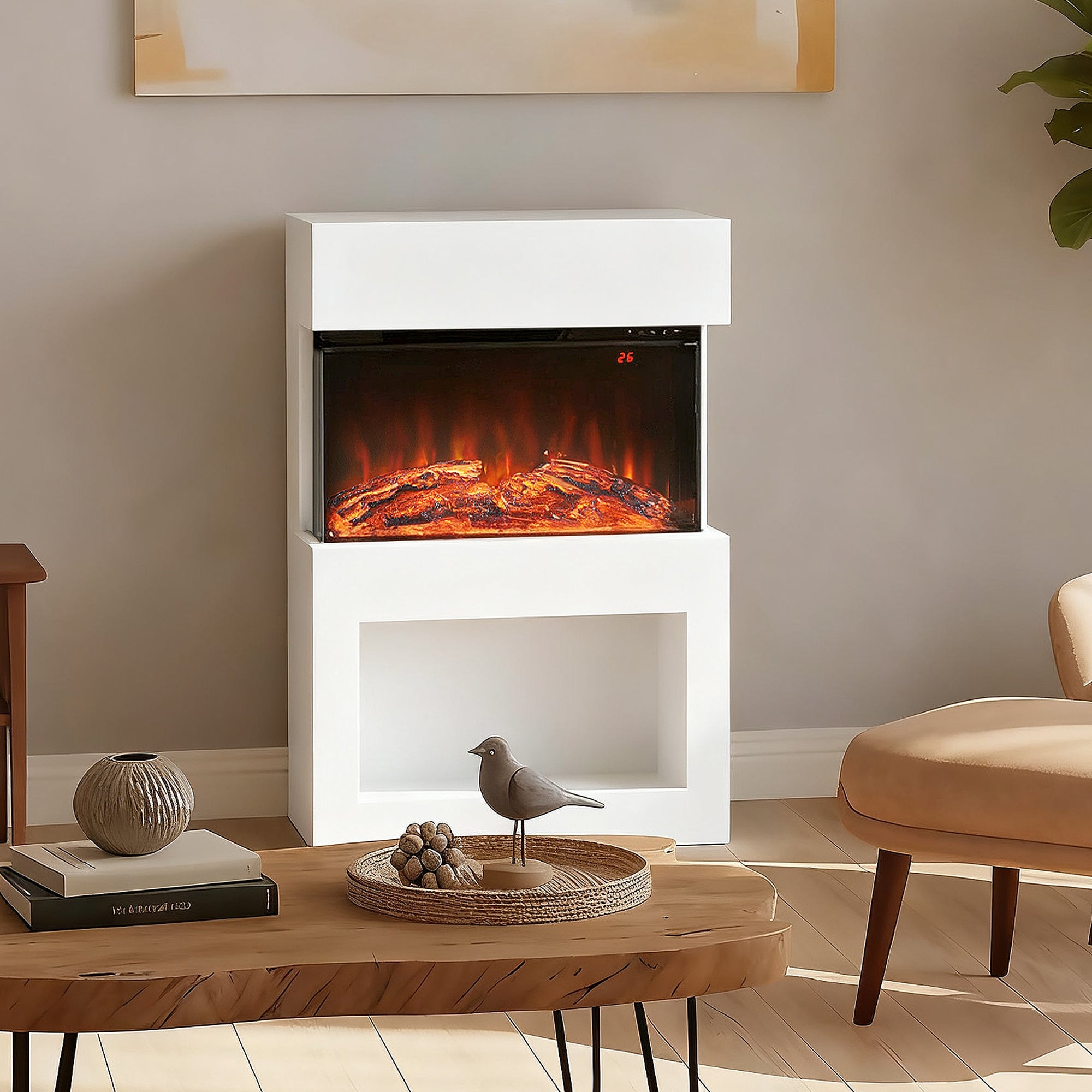 HOMCOM 19" Electric Fireplace with Surround, 3D Flame Effect, 6 Colours & 3 Brightness Levels, 1000W/2000W White Electric Fire and Mantel Reach up to 30㎡ Space with Remote & Timer, 3 Sided View