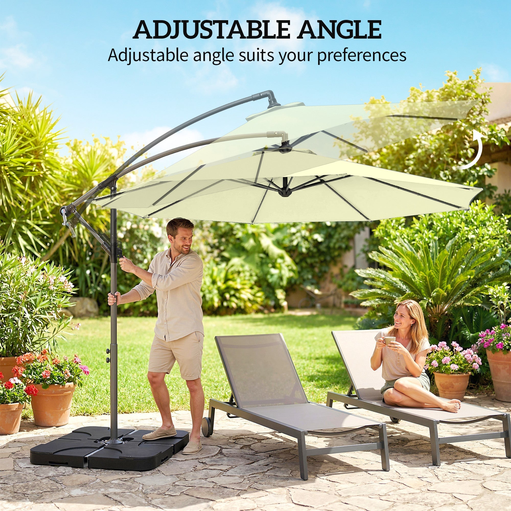 Outsunny 3m Overhanging Parasol, with Base, Weights and Cover - Beige