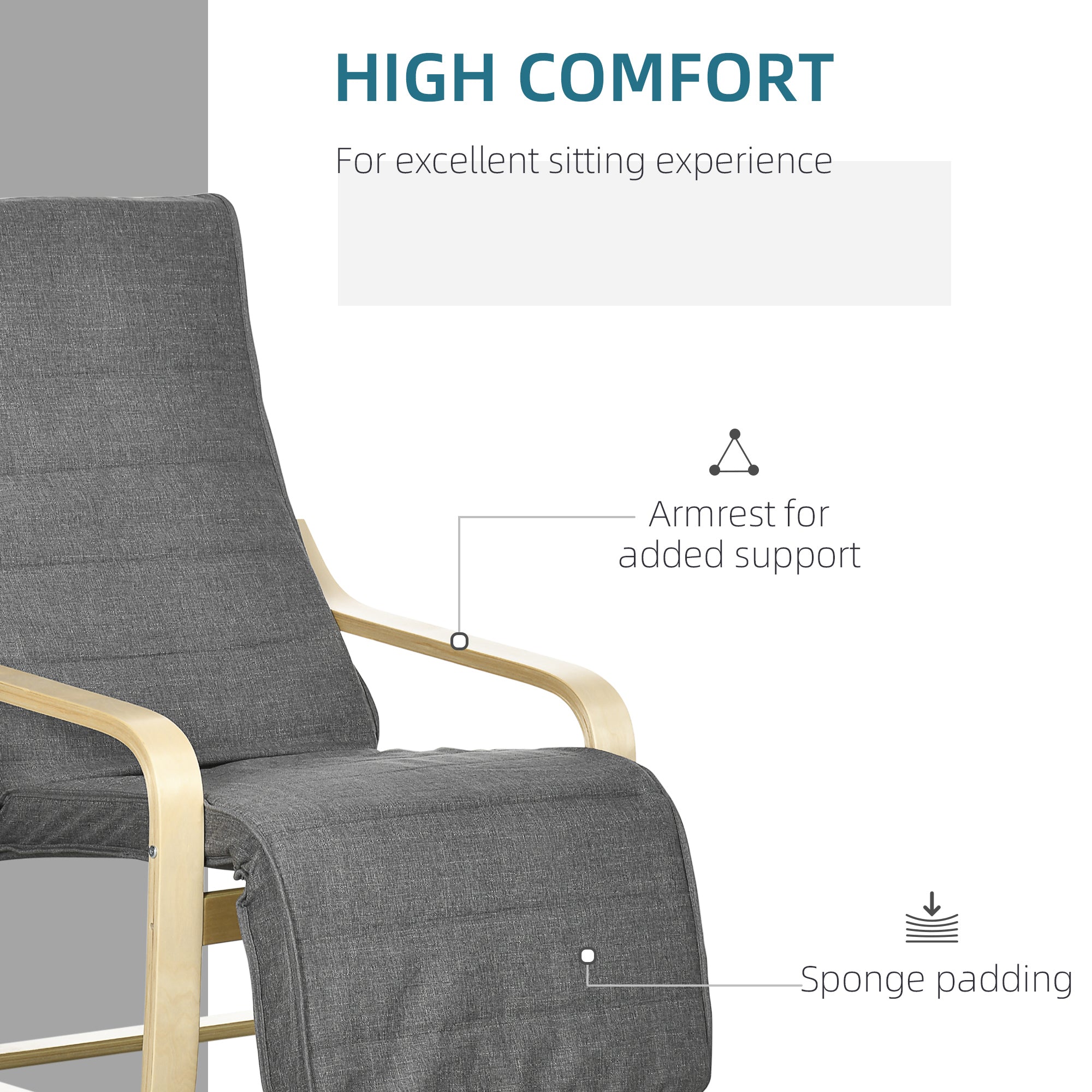 HOMCOM Wooden Armchair, Upholstered Linen Lounge Chair with Adjustable Footrest & Removable Cushion, Poang Chair for Living Room, Dark Grey