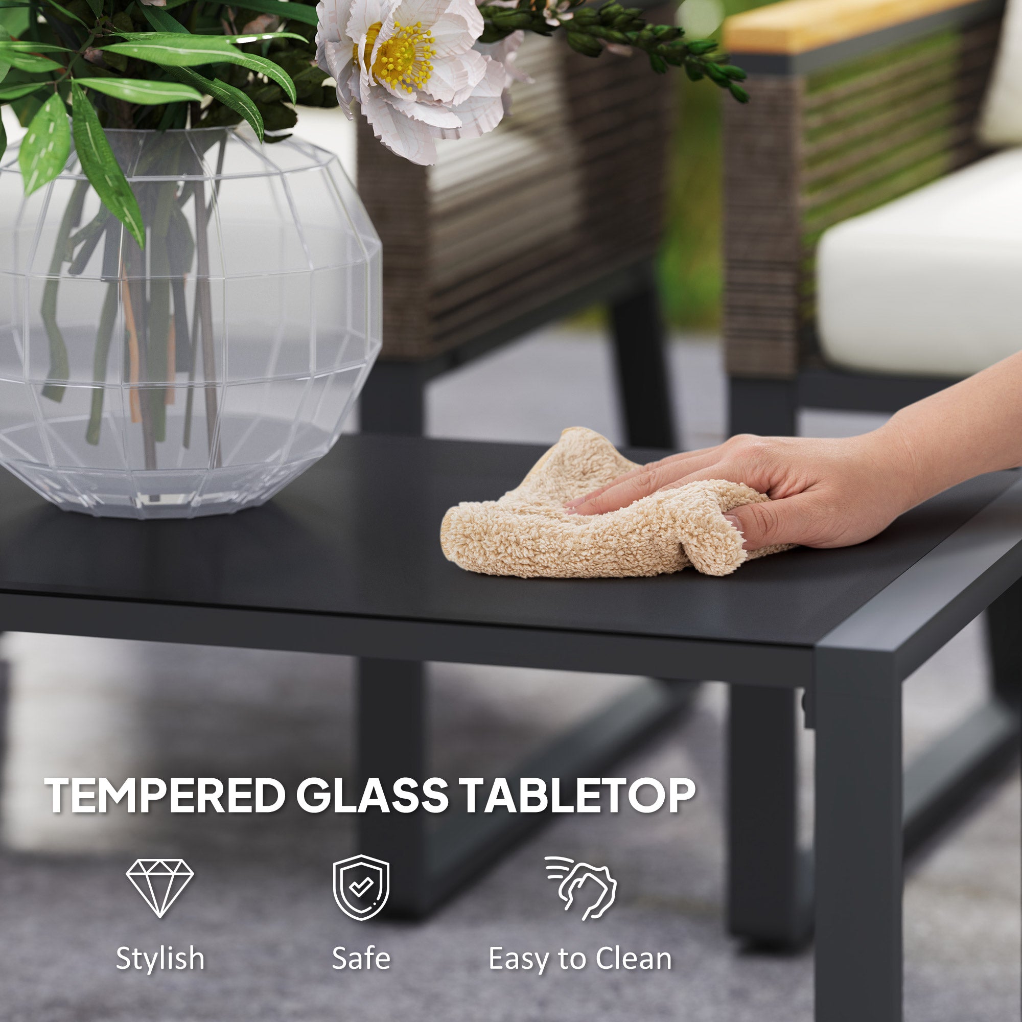 Outsunny Four Piece Wicker Rope Garden Furniture Set with Glass Top Coffee Table - Grey